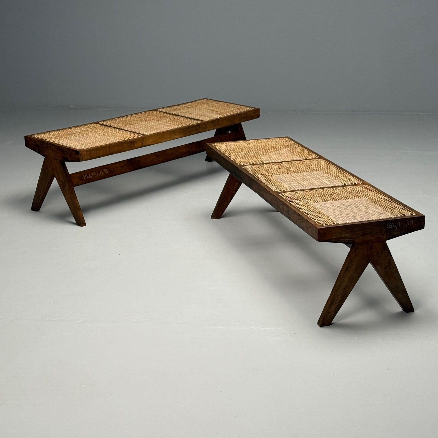 Pierre Jeanneret, French Mid-Century Modern Three Seat Benches, Teak, Chandigarh