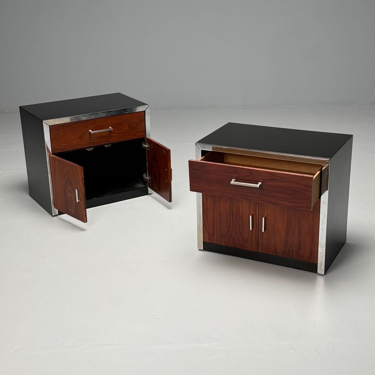 Milo Baughman Style, Mid-Century Modern, Nightstands, Rosewood, Chrome, 1970s