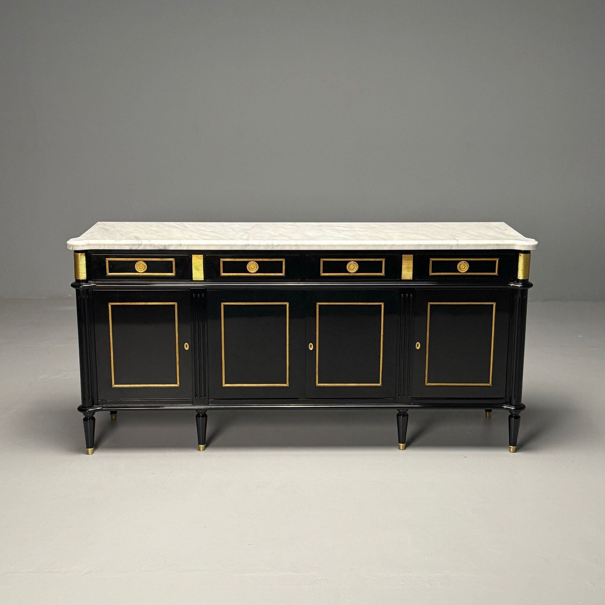 Louis XVI Style, Hollywood Regency, Sideboard, Black Lacquer, Marble, Bronze