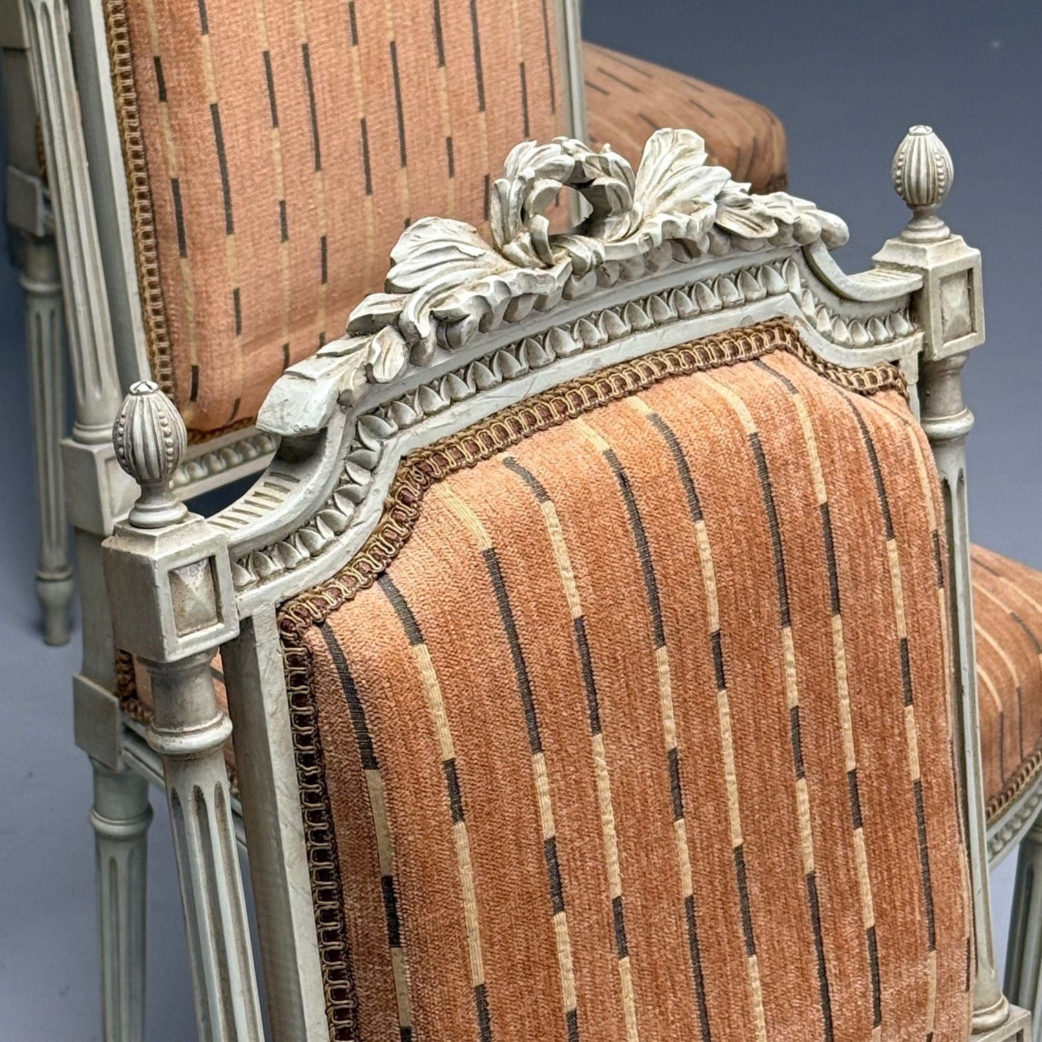 Swedish Louis XVI Style, Ten Dining Chairs, Grey Carved Wood, Fabric, 20th C.