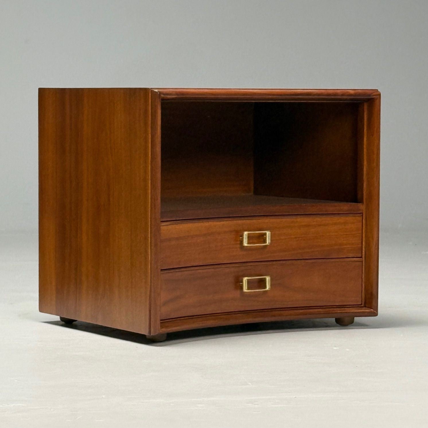 Paul Frankl, John Stuart, Mid-Century Modern, Concave Nightstands, Walnut, 1950s