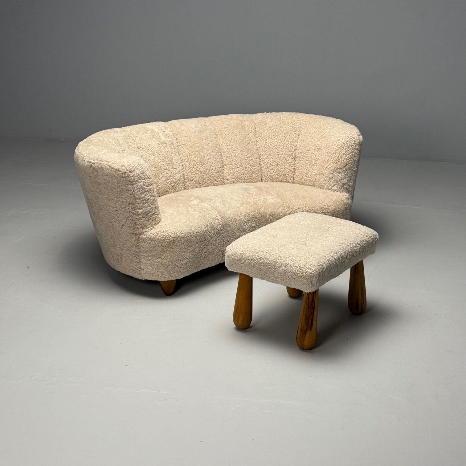 Danish Mid-Century Modern, Banana Sofa, Beige Shearling, Beech, Denmark, 1950s