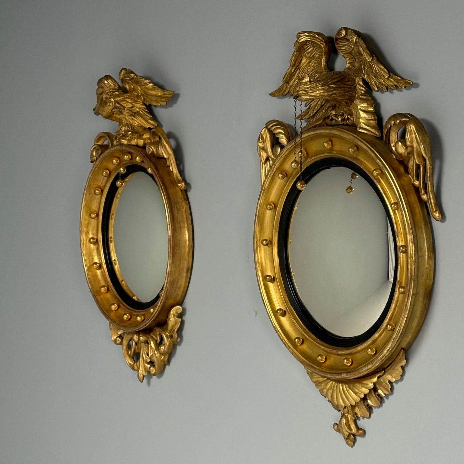 Federal Convex Wall Mirrors, Carved Giltwood, Opposing Eagles, England, 1830s