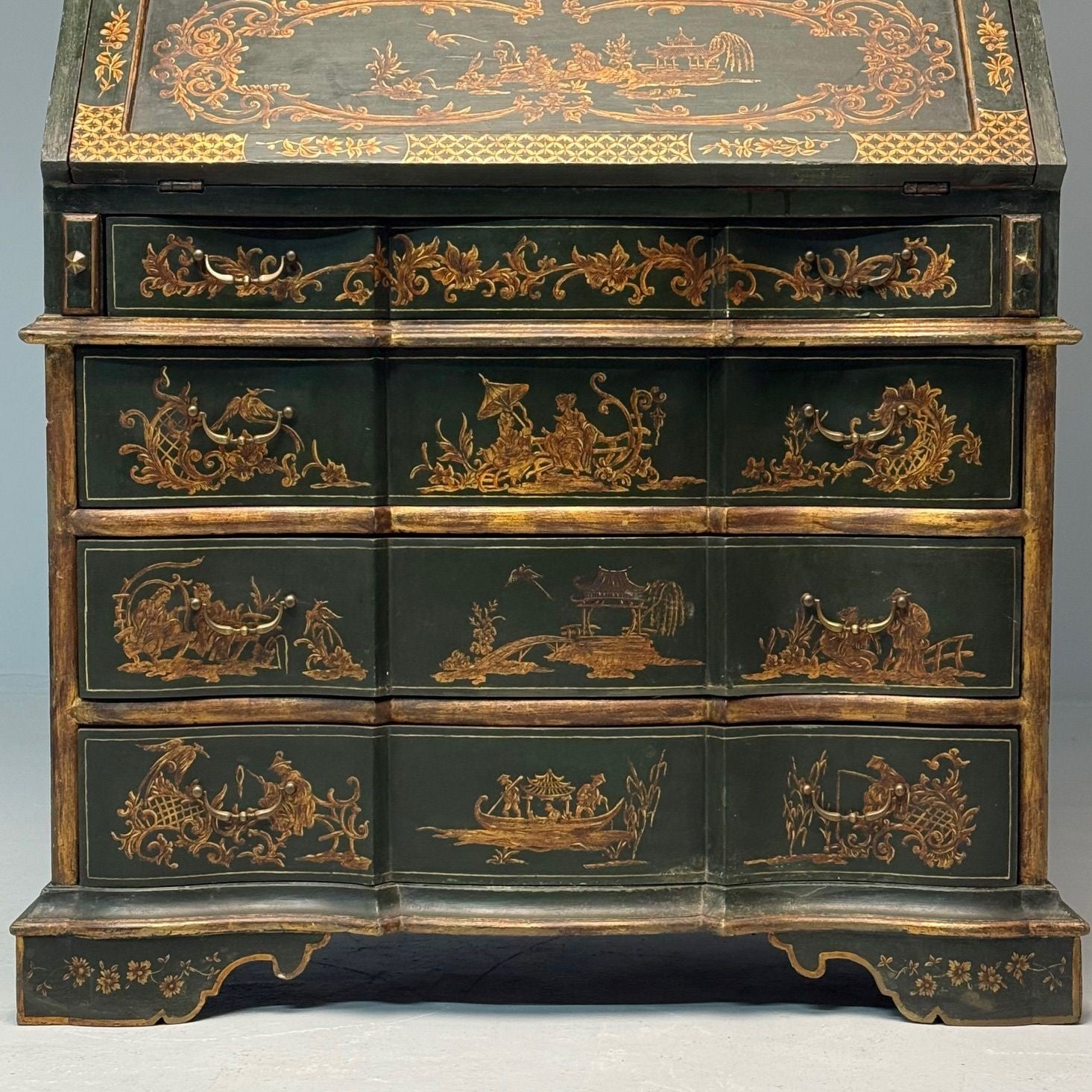 George I Style, Chinoiserie, Green-Japanned Desk, Bookcase, Parcel-Gilt, 1920s