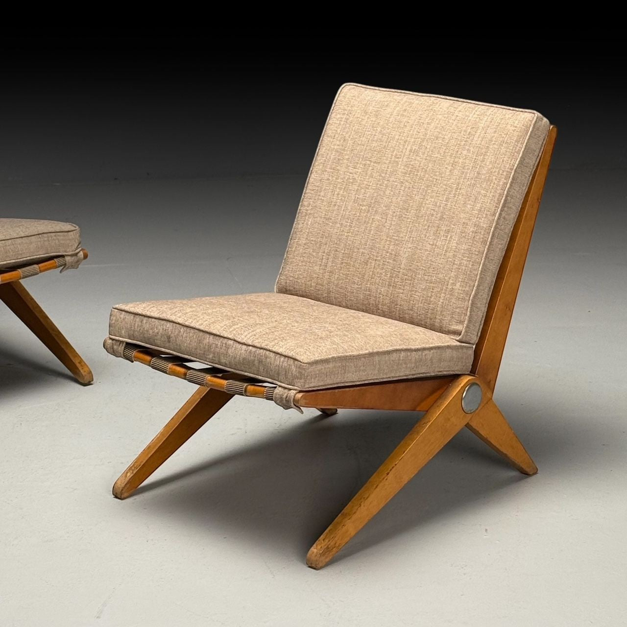 Pierre Jeanneret, Knoll, Mid-Century Modern, Scissor Chairs, Tan Linen, 1950s