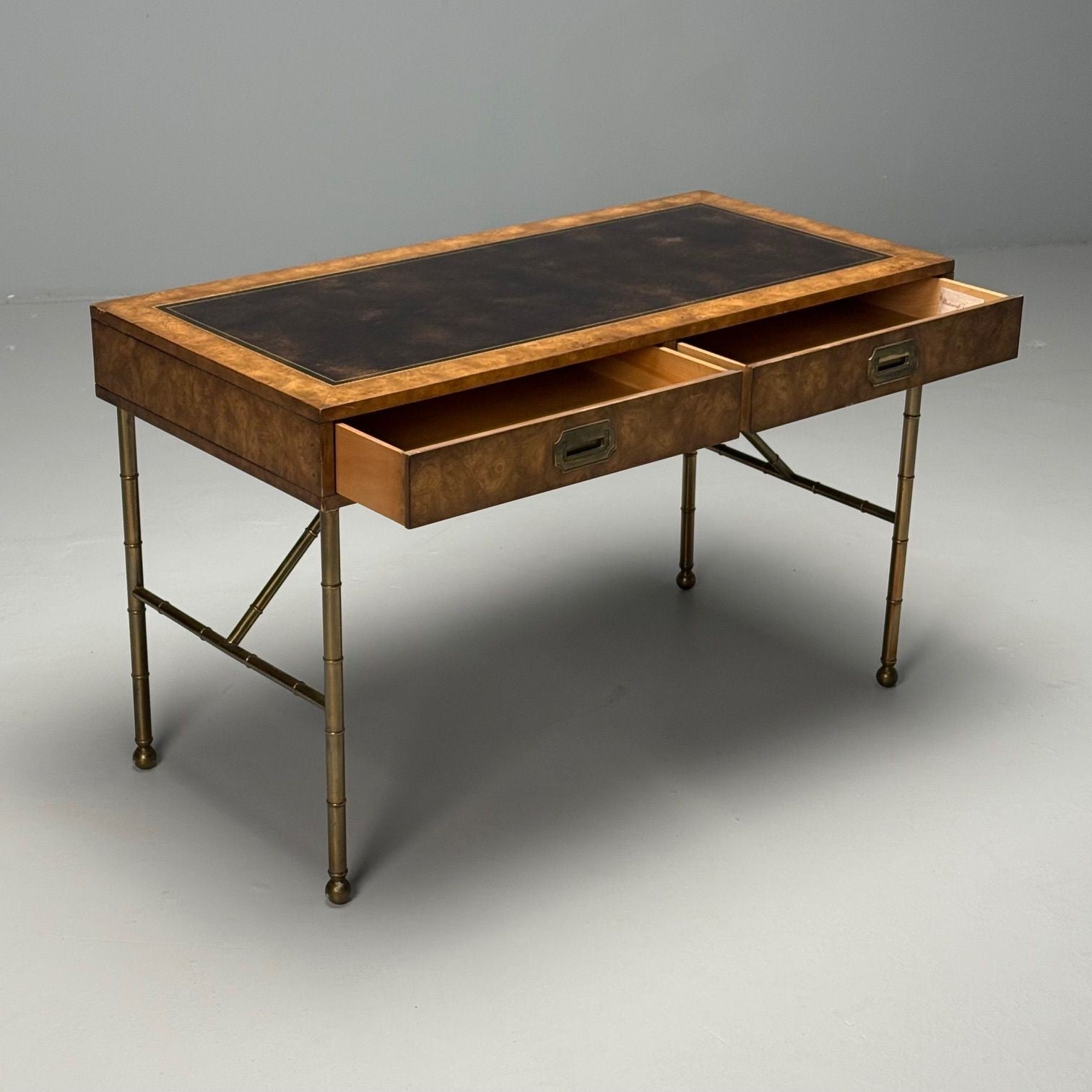 Mastercraft, Mid-Century Modern, Writing Desk, Burlwood, Brass, Leather, 1950s