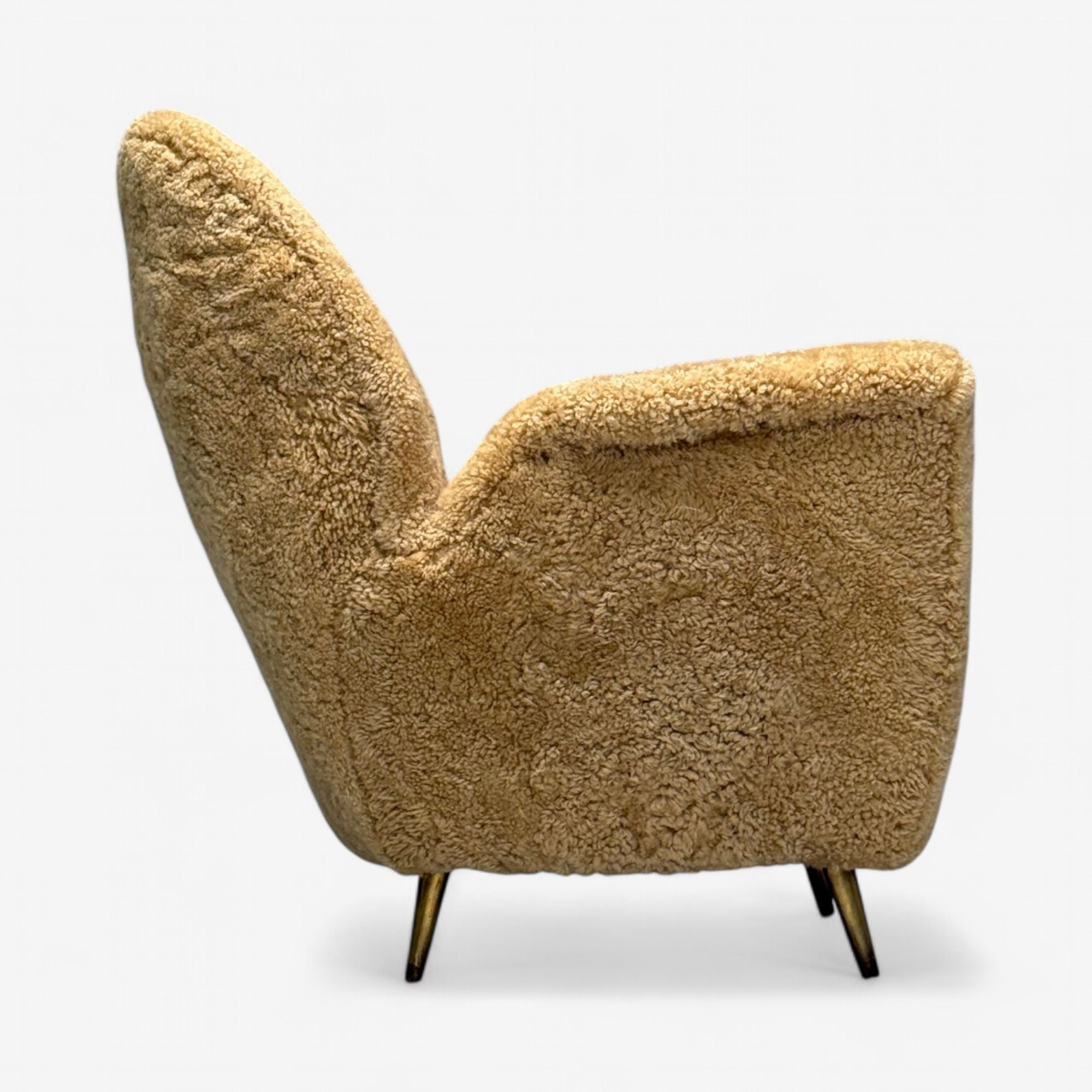 ISA Bergamo, Italian Mid-Century Modern, Lounge Chair, Brass, Shearling, 1950s