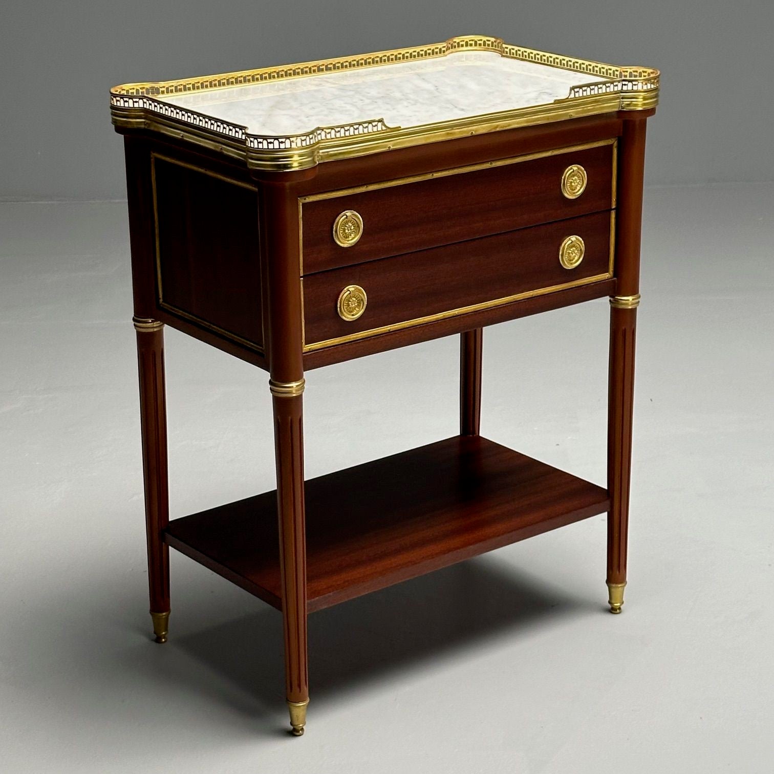 Maison Jansen Style, Hollywood Regency, Nightstands, Mahogany, Marble, Brass