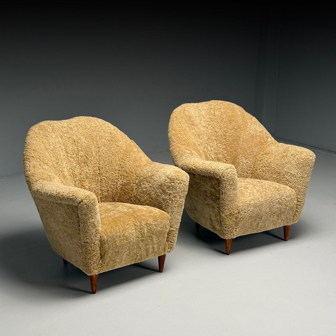 Italian Mid-Century Modern, Lounge Chairs, Honey Shearling, Stained Wood, 1950s