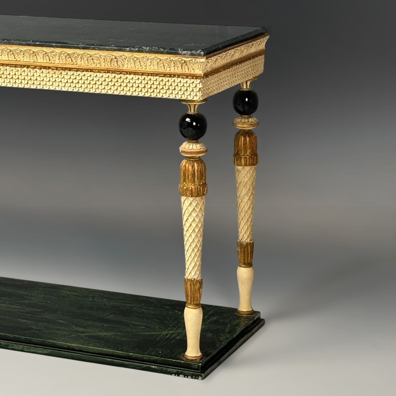 Maison Jansen Neoclassical Style Console Tables, Carved Wood, Green Marble