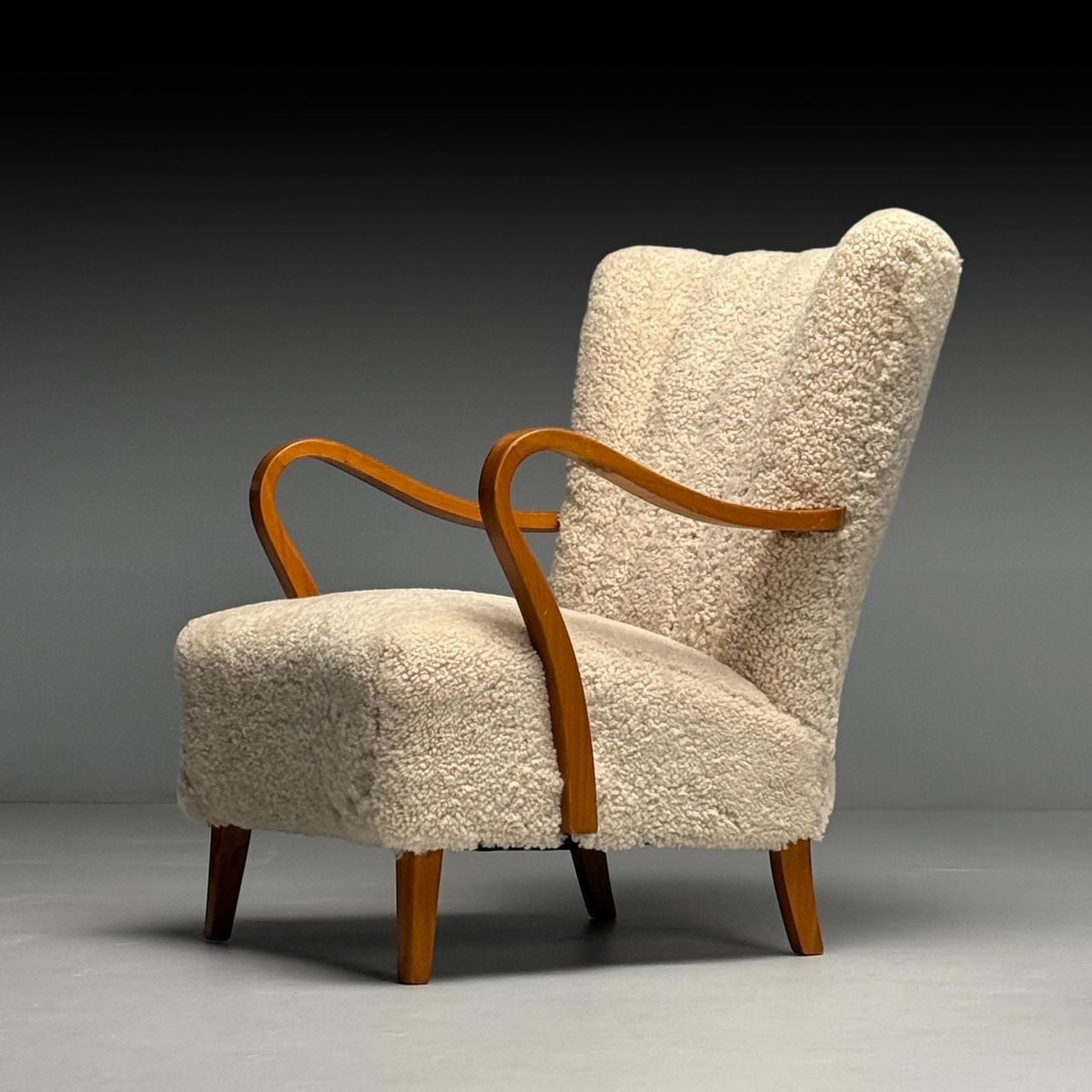 Swedish Mid-Century Modern, Lounge Chairs, Beige Sheepskin, Oak, Sweden, 1940s