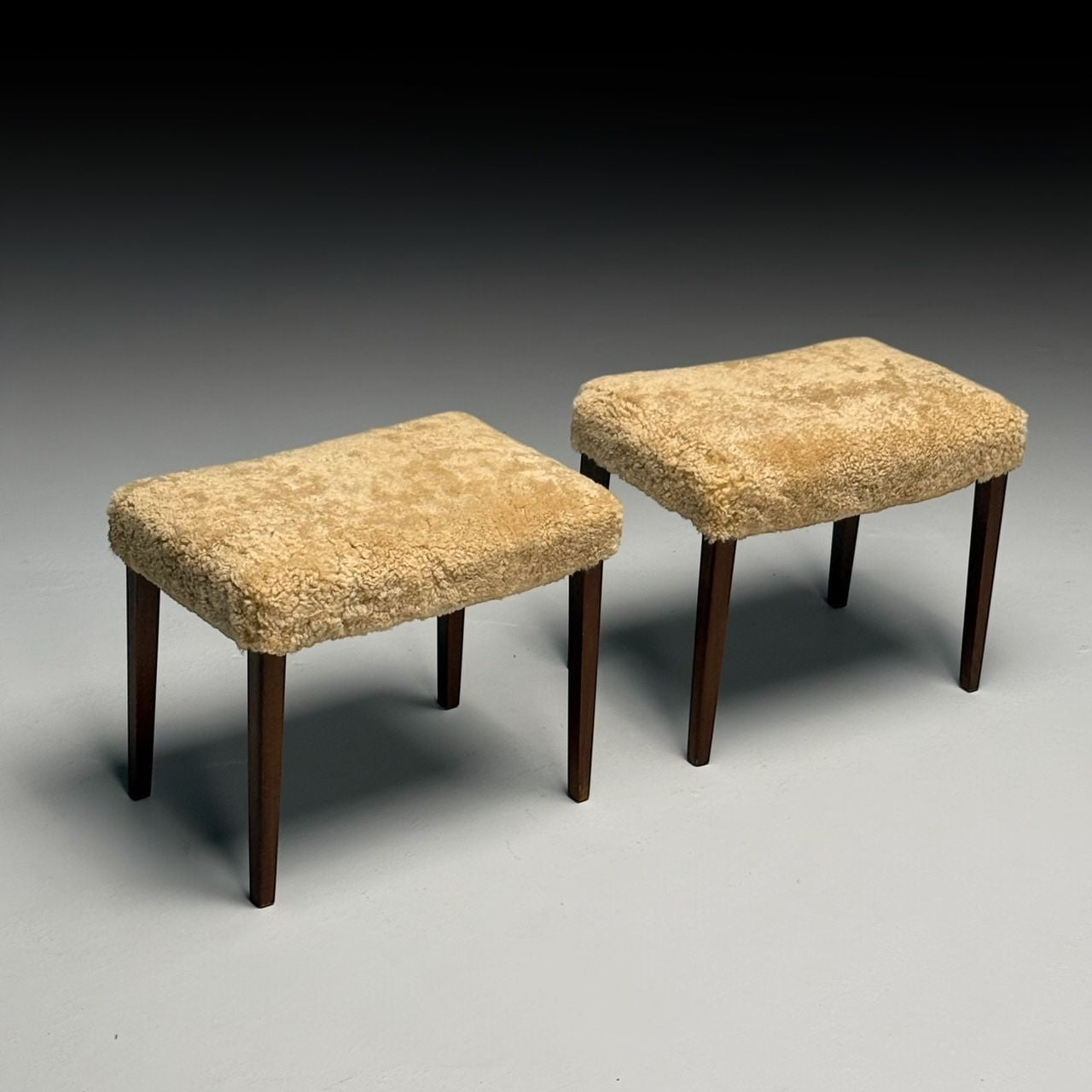 Danish Mid-Century Modern, Ottomans, Honey Shearling, Mahogany, Denmark, 1950s