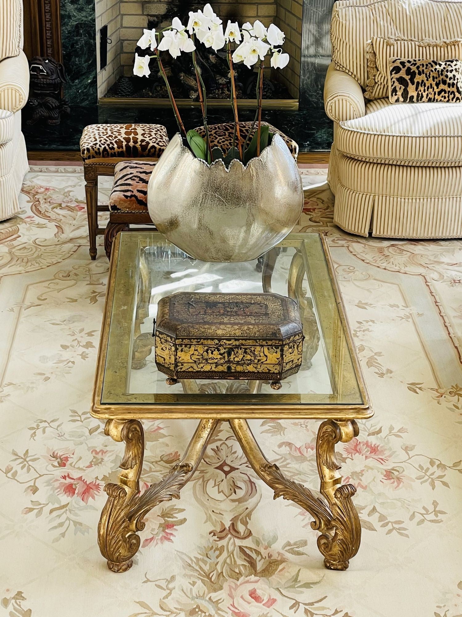 Hollywood Regency, Coffee Table, Gilt Wood, Gold Leaf, Glass, Italy, 1960s