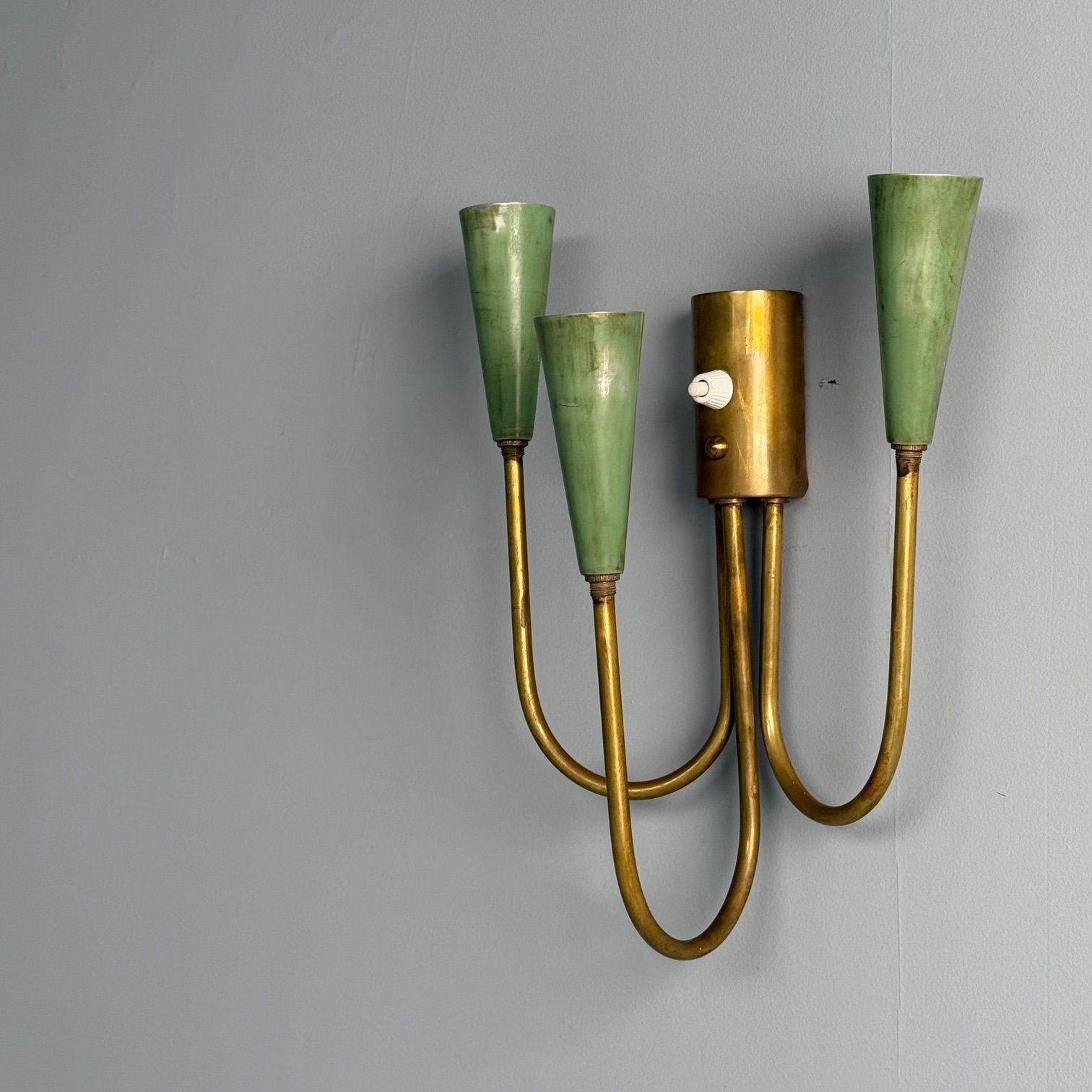 Arredoluce, Italian Mid-Century Modern, Wall Sconces, Brass, Green Metal, 1960s