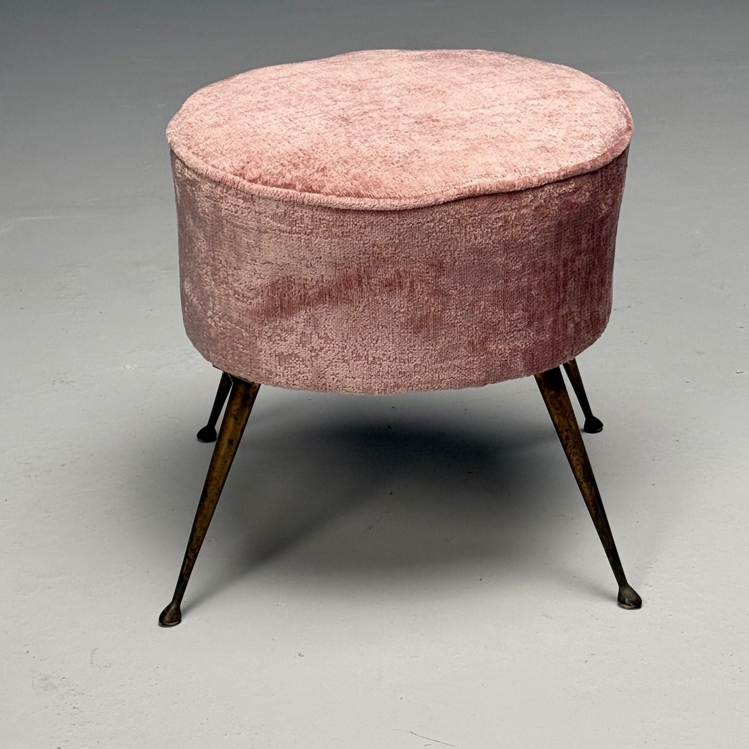 Italian Mid-Century Modern, Footstools, Patinated Brass, Pink Velvet, 1950s