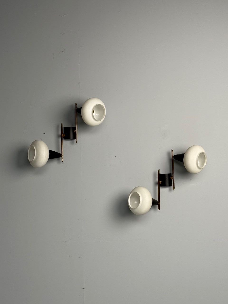 Italian Mid-Century Modern, Adjustable Wall Sconces, Brass, Opaline Glass, 1960s