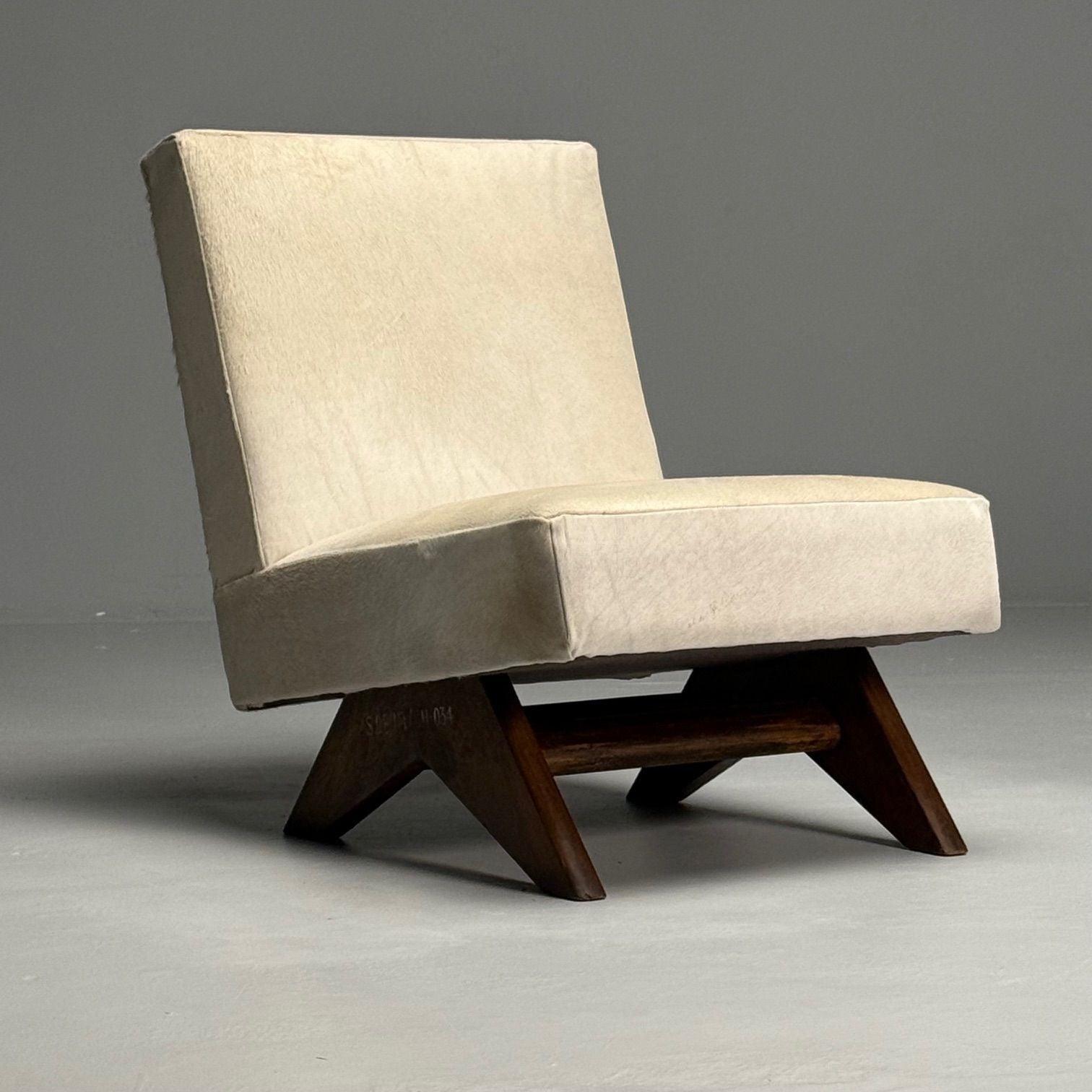 Pierre Jeanneret, French Mid-Century Modern, Slipper Chairs, White Cowhide, Teak