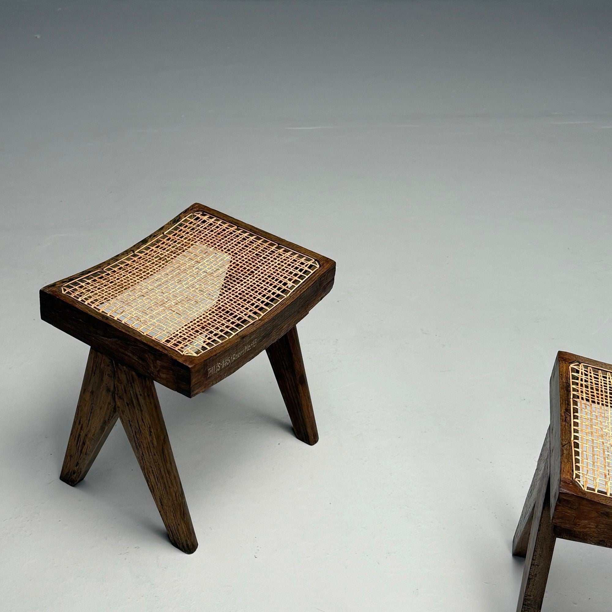 Pierre Jeanneret, French Mid-Century Modern, Footstools, Teak, Cane, Chandigarh