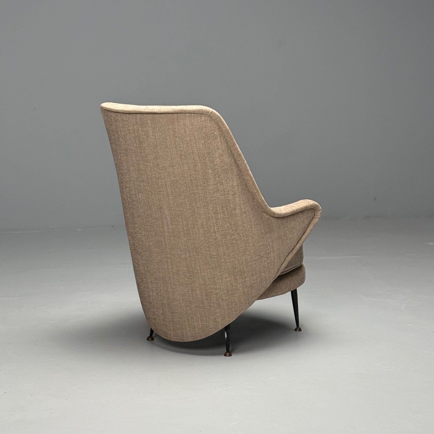 ISA Bergamo, Italian Mid-Century Modern, Armchair, Beige Linen, Brass, 1950s