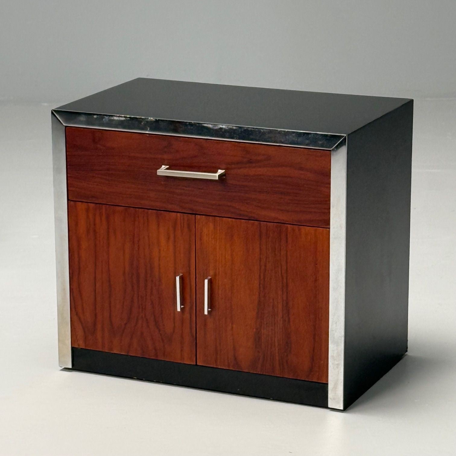 Milo Baughman Style, Mid-Century Modern, Nightstands, Rosewood, Chrome, 1970s