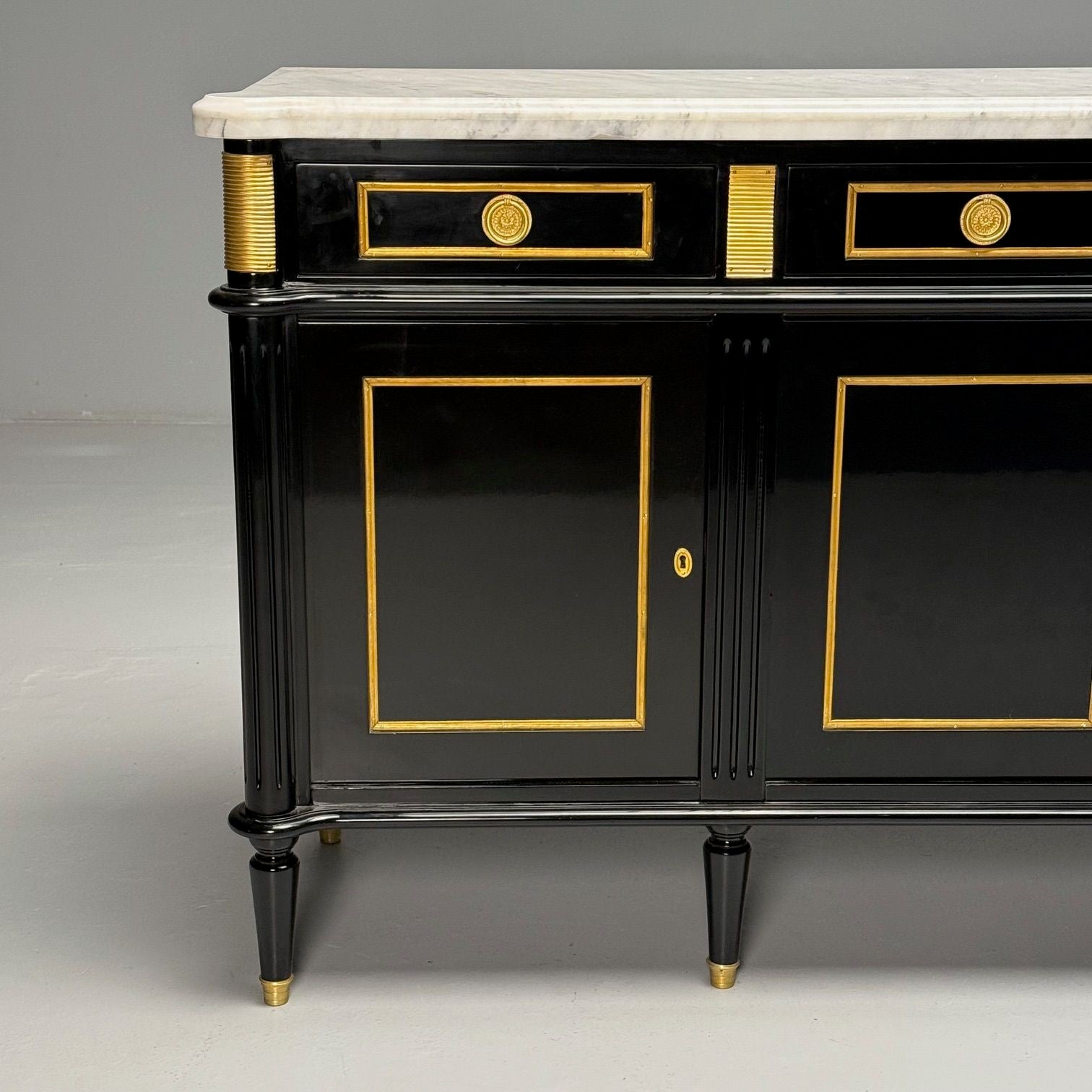 Louis XVI Style, Hollywood Regency, Sideboard, Black Lacquer, Marble, Bronze