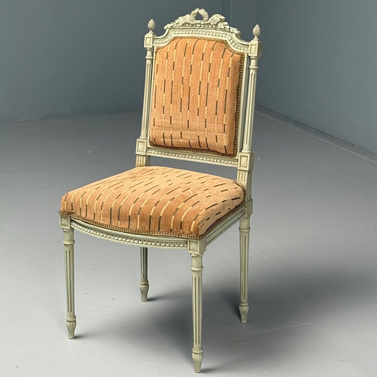 Swedish Louis XVI Style, Ten Dining Chairs, Grey Carved Wood, Fabric, 20th C.