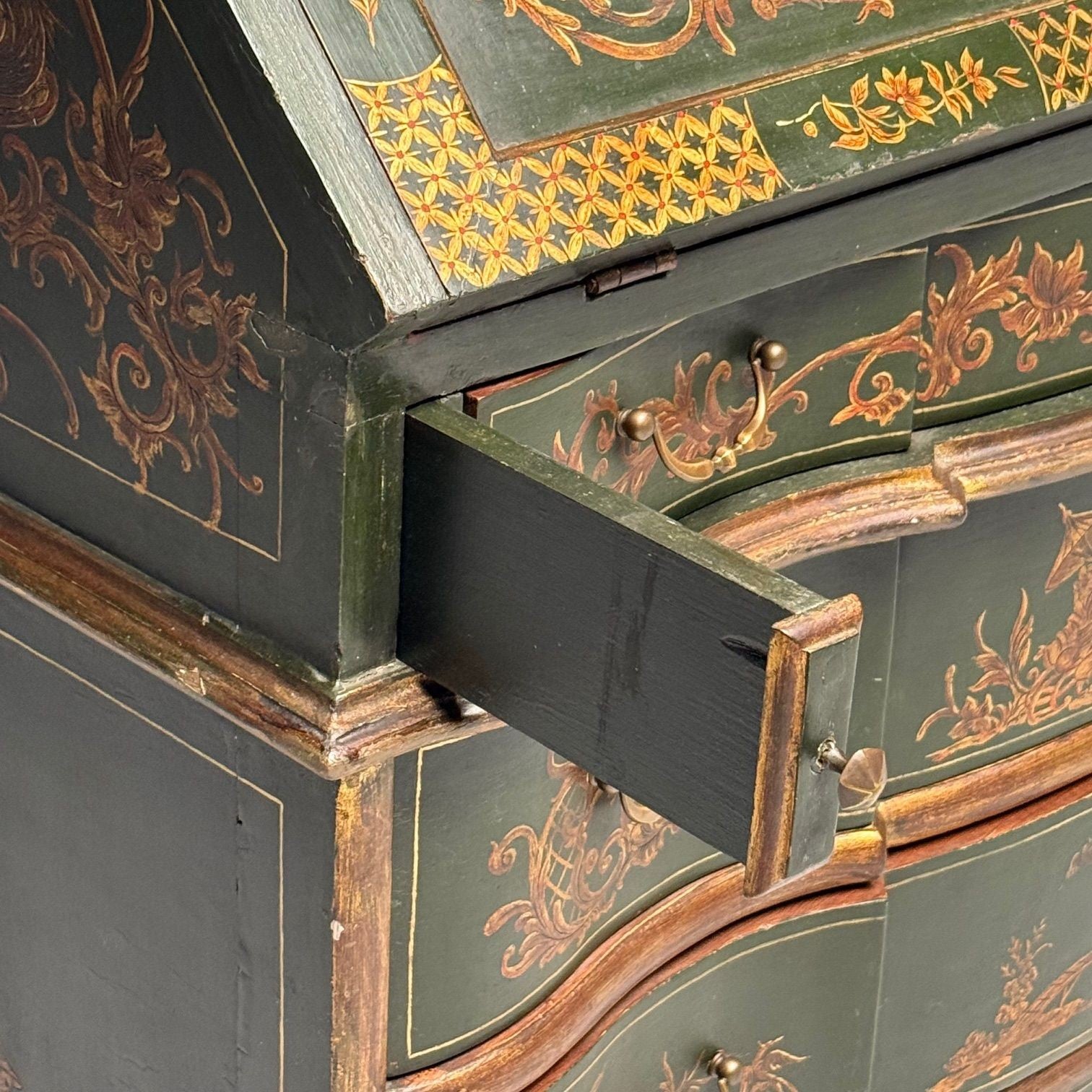 George I Style, Chinoiserie, Green-Japanned Desk, Bookcase, Parcel-Gilt, 1920s