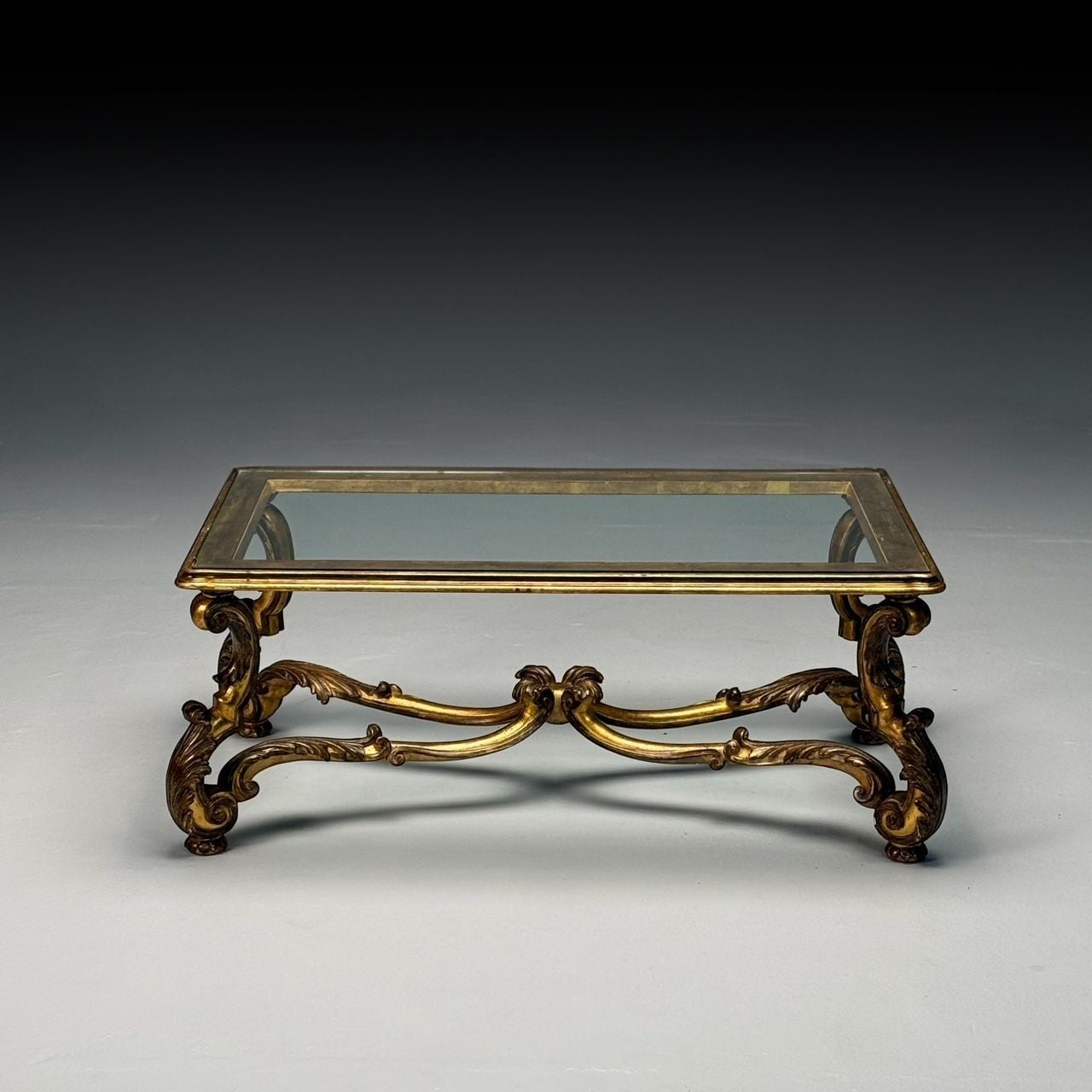 Hollywood Regency, Coffee Table, Gilt Wood, Gold Leaf, Glass, Italy, 1960s