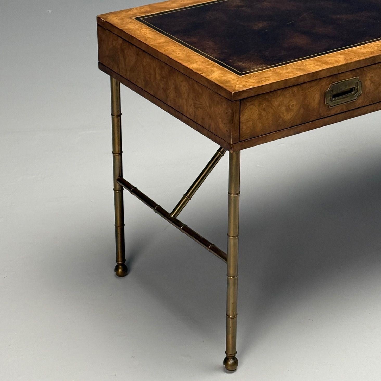 Mastercraft, Mid-Century Modern, Writing Desk, Burlwood, Brass, Leather, 1950s