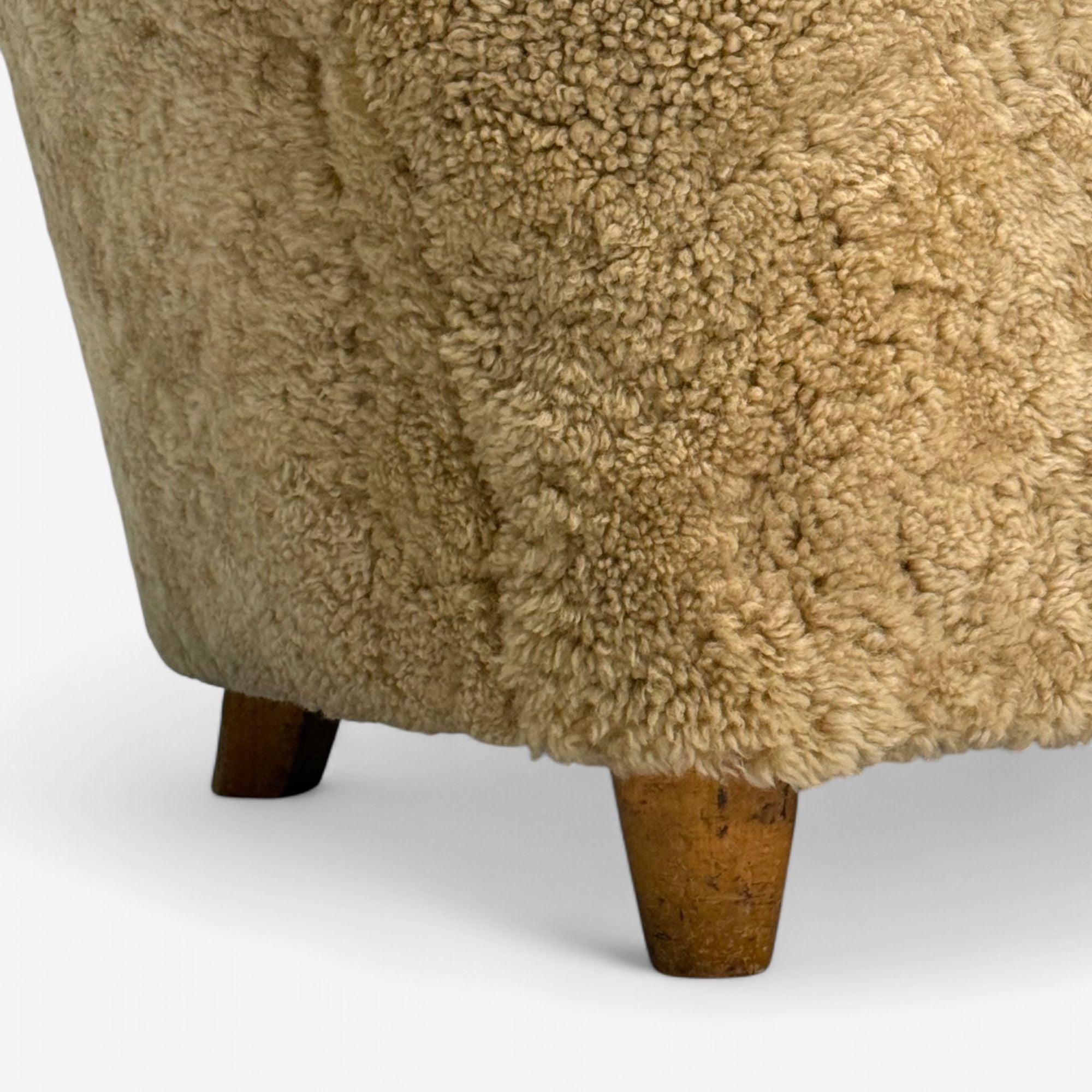 Danish Cabinetmaker, Banana Lounge Chair, Honey Sheepskin, Denmark, 1940s