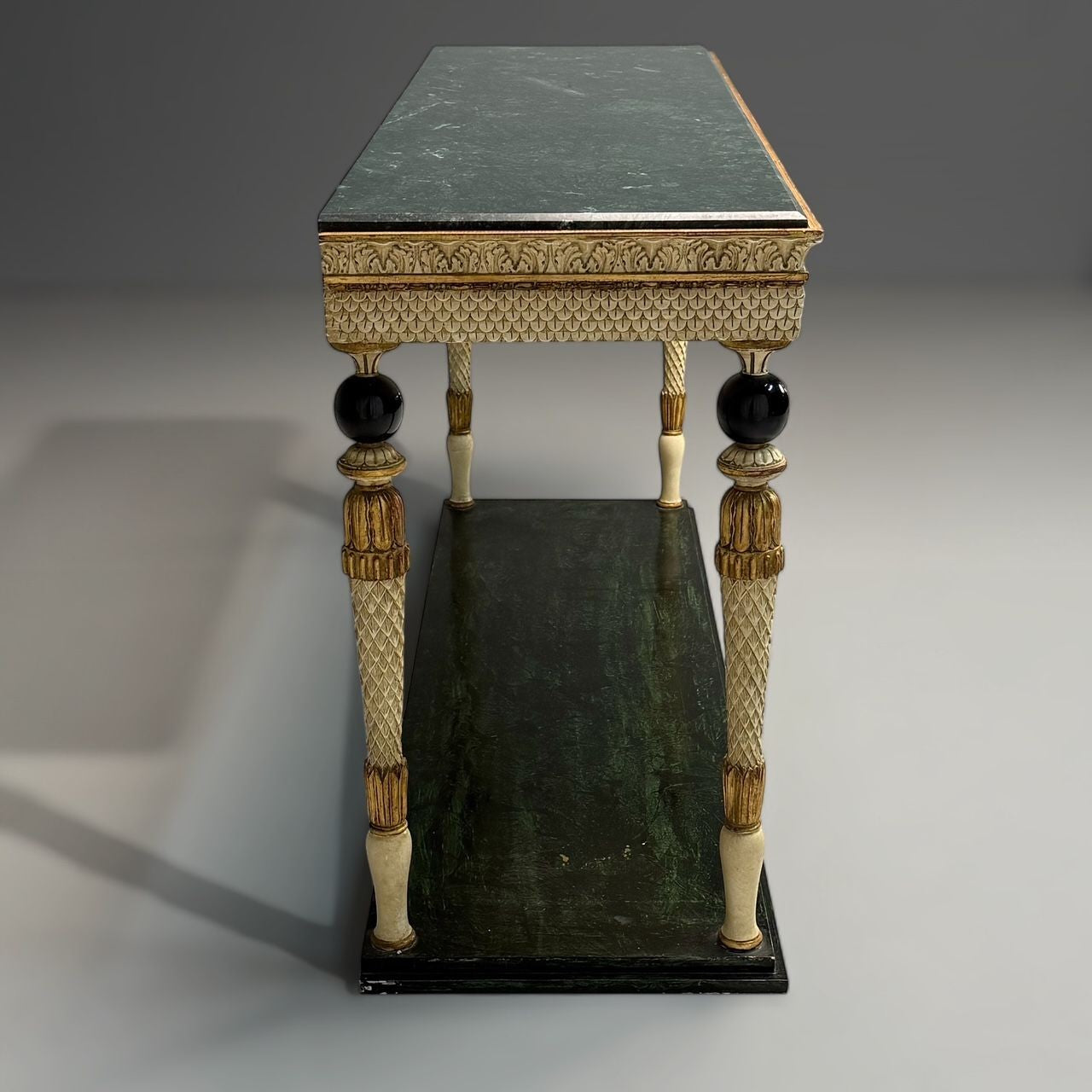 Maison Jansen Neoclassical Style Console Tables, Carved Wood, Green Marble