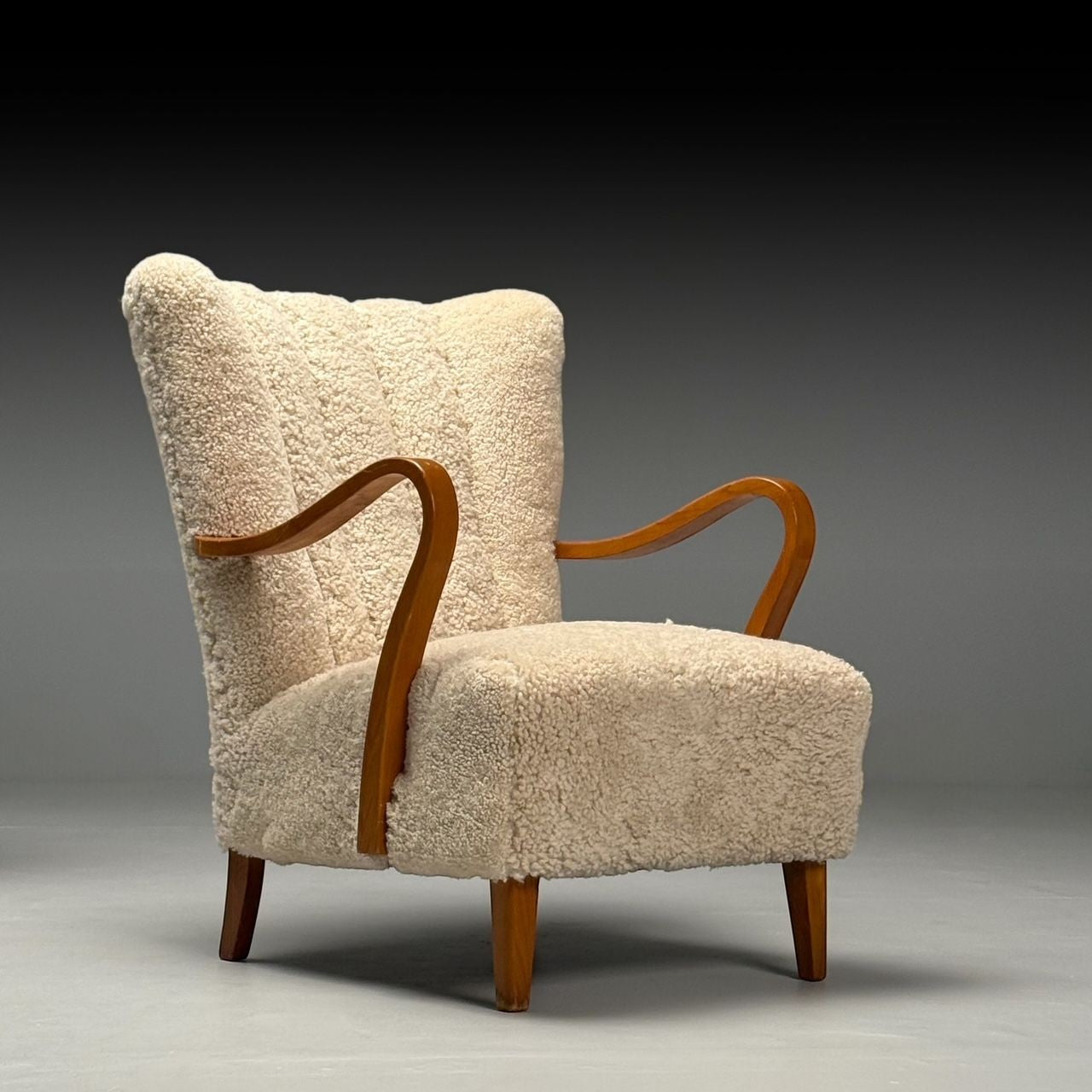 Swedish Mid-Century Modern, Lounge Chairs, Beige Sheepskin, Oak, Sweden, 1940s