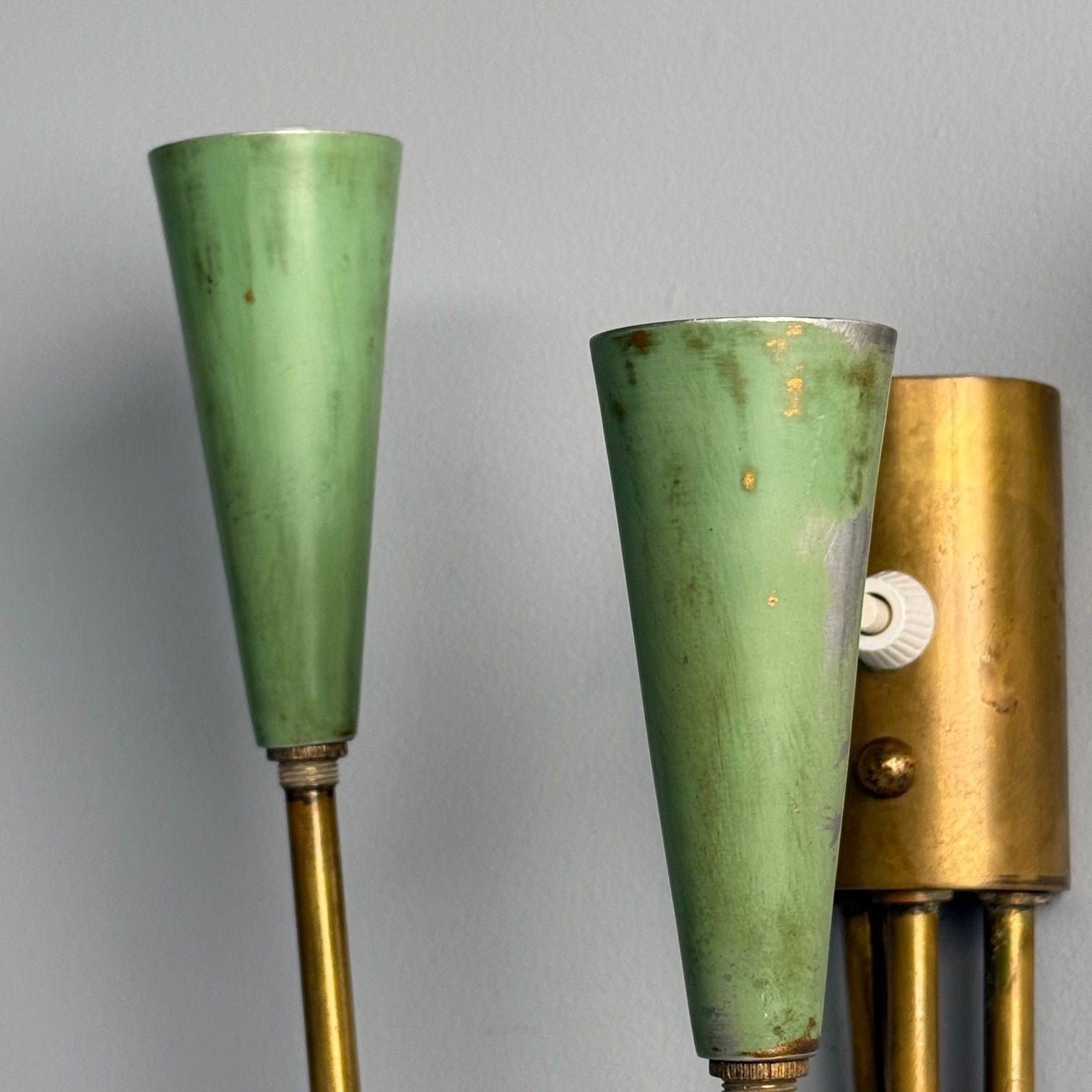 Arredoluce, Italian Mid-Century Modern, Wall Sconces, Brass, Green Metal, 1960s