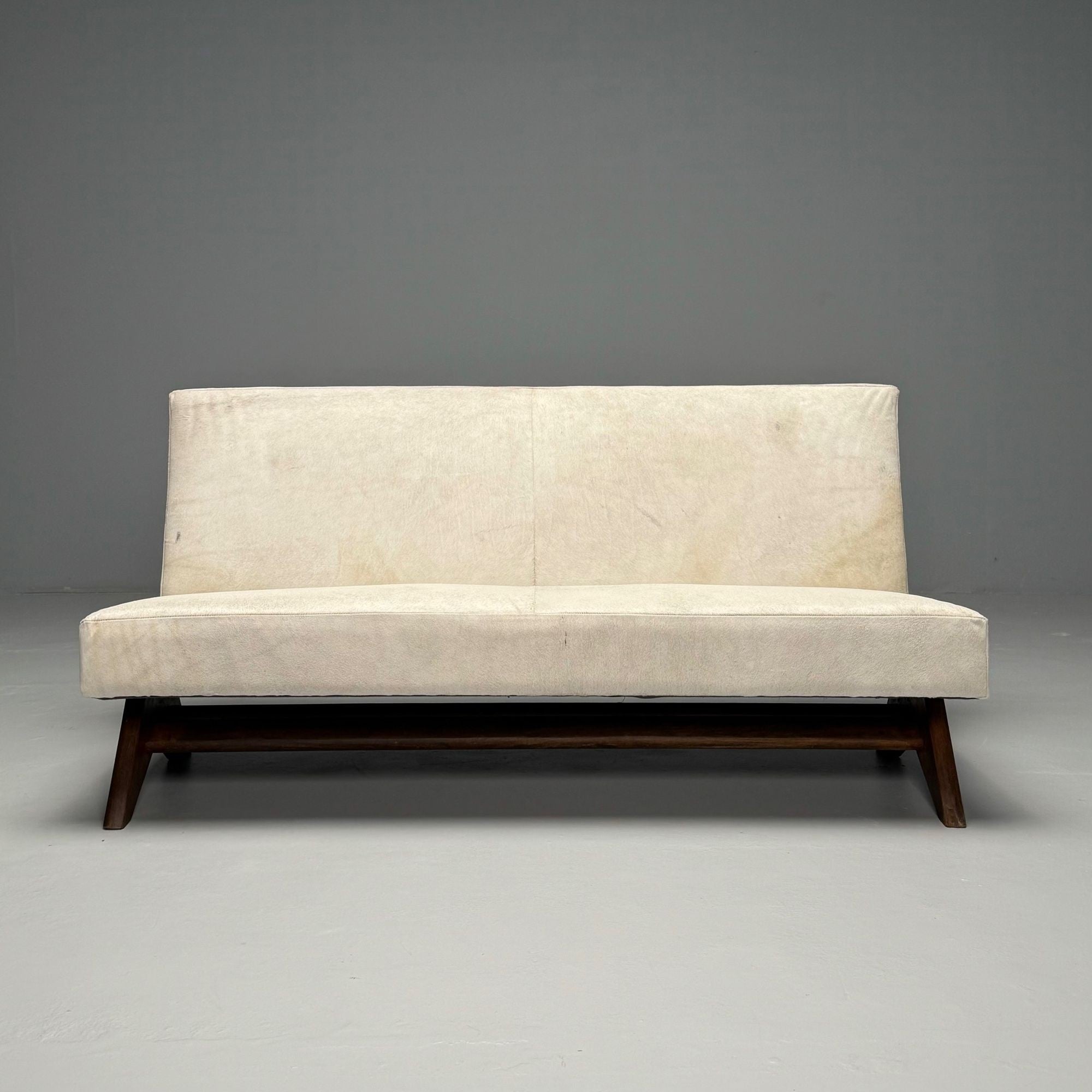 Pierre Jeanneret, French Mid-Century Modern, Fireside Sofa, Teak, White Cowhide