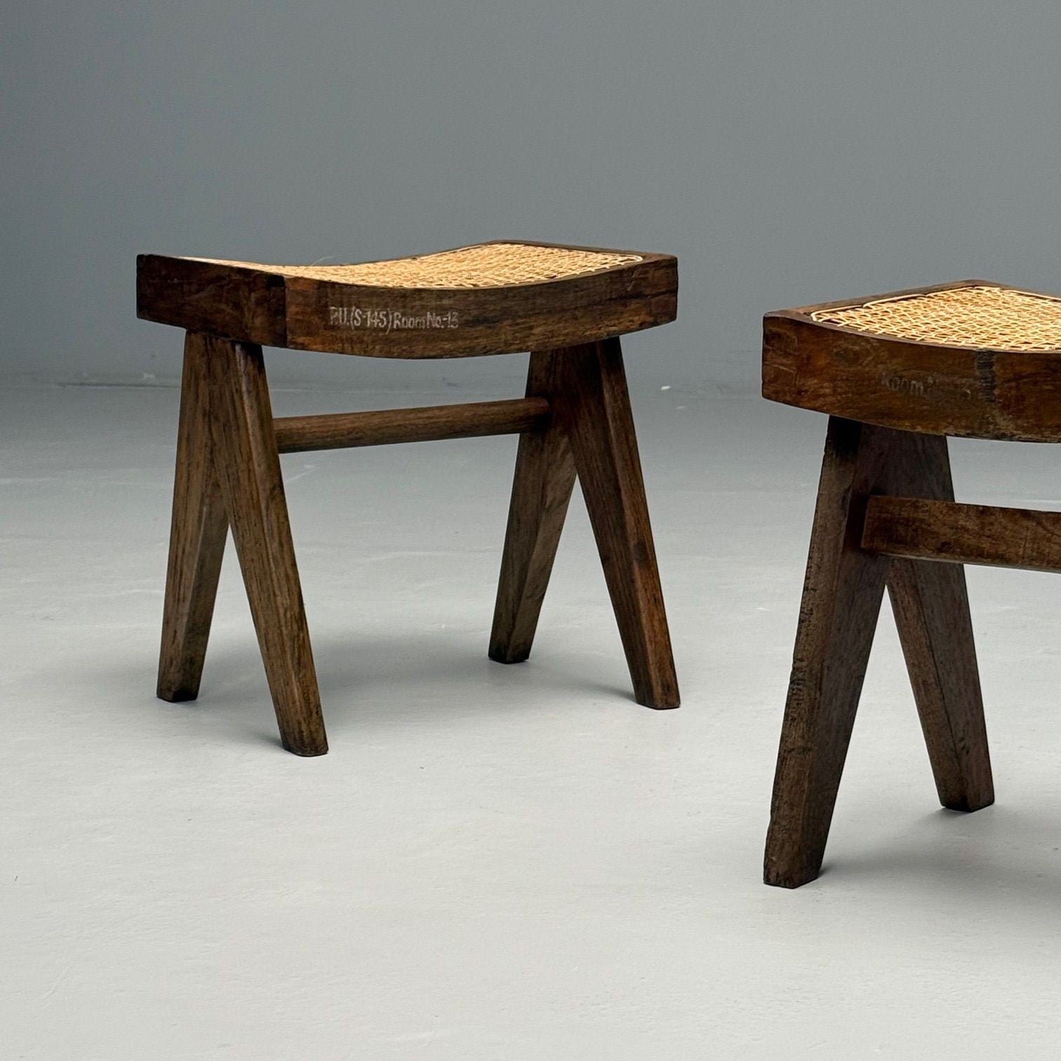 Pierre Jeanneret, French Mid-Century Modern, Footstools, Teak, Cane, Chandigarh