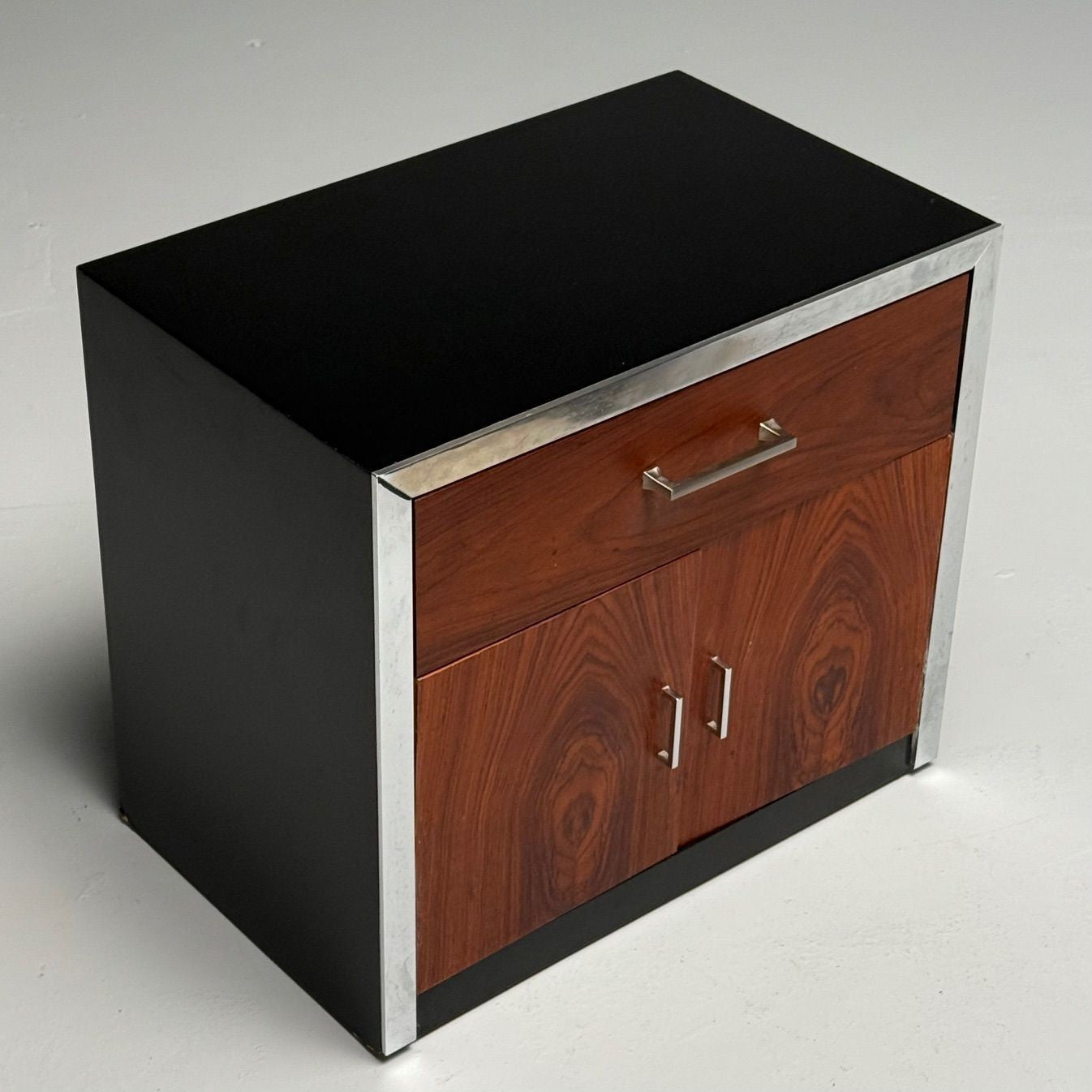 Milo Baughman Style, Mid-Century Modern, Nightstands, Rosewood, Chrome, 1970s