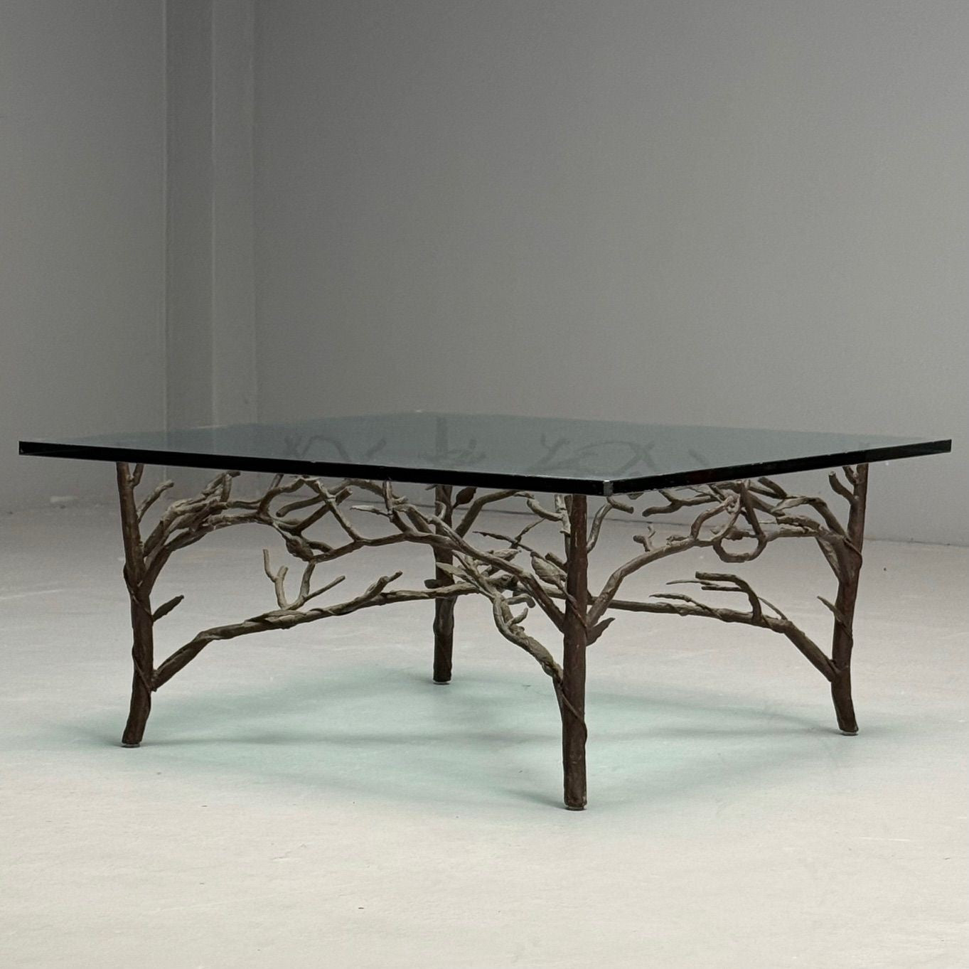 Giacometti Style, Mid-Century Modern, Square Coffee Table, Nature Motif, Metal