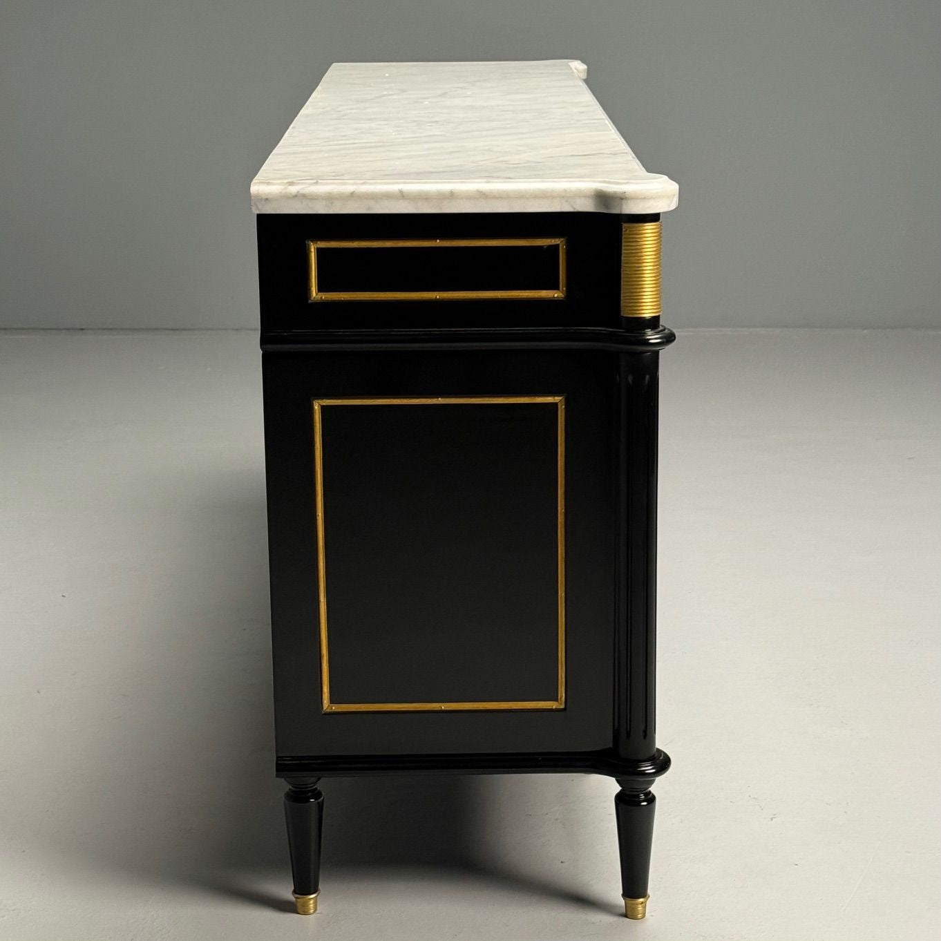 Louis XVI Style, Hollywood Regency, Sideboard, Black Lacquer, Marble, Bronze