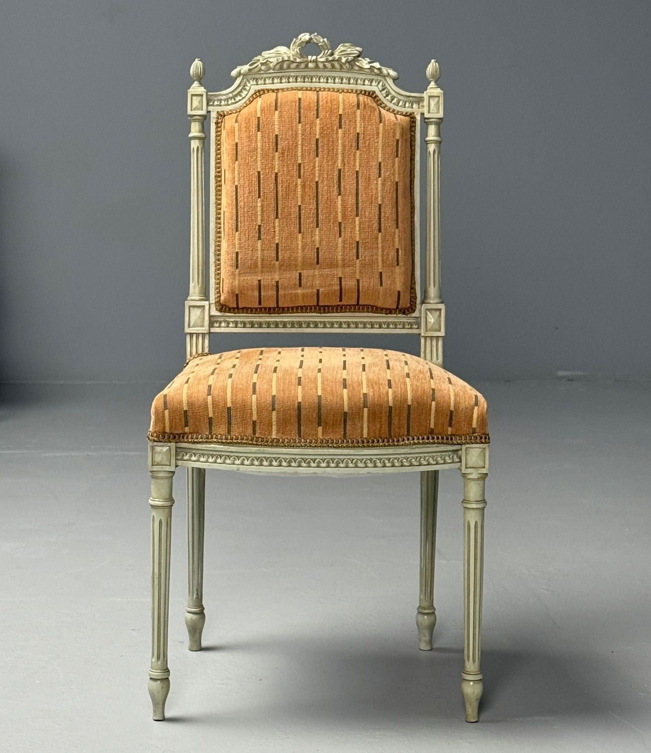 Swedish Louis XVI Style, Ten Dining Chairs, Grey Carved Wood, Fabric, 20th C.