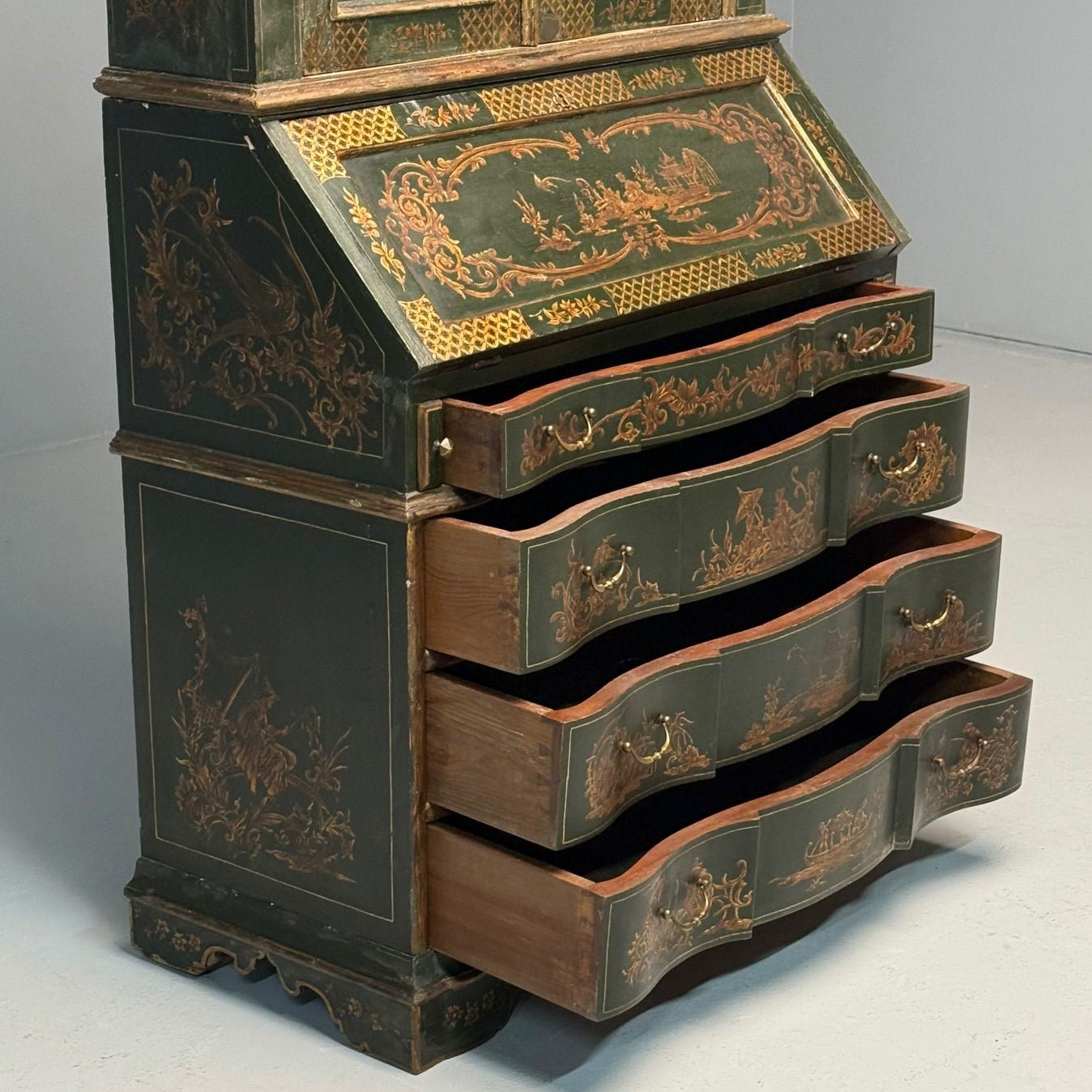 George I Style, Chinoiserie, Green-Japanned Desk, Bookcase, Parcel-Gilt, 1920s