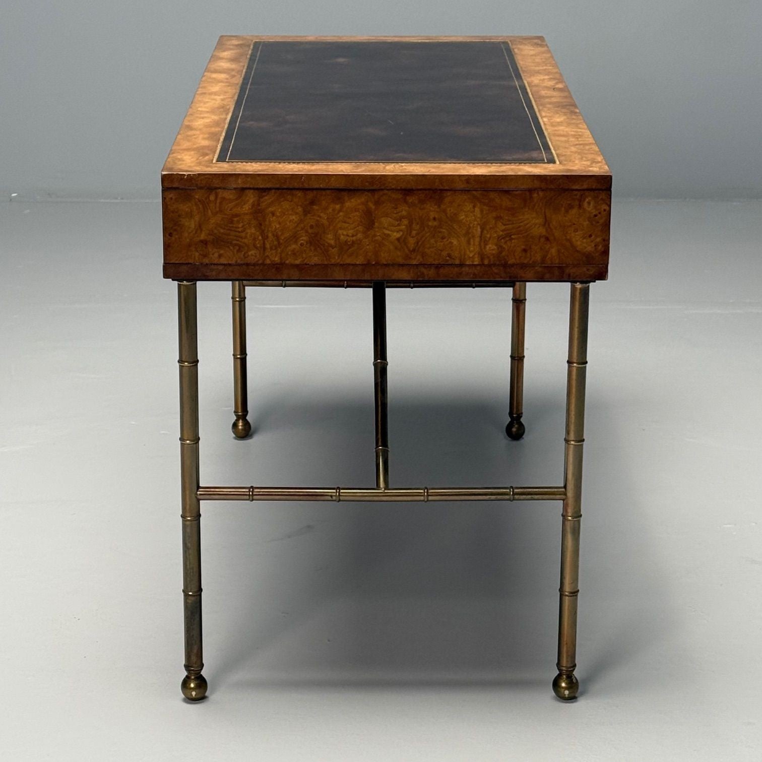 Mastercraft, Mid-Century Modern, Writing Desk, Burlwood, Brass, Leather, 1950s