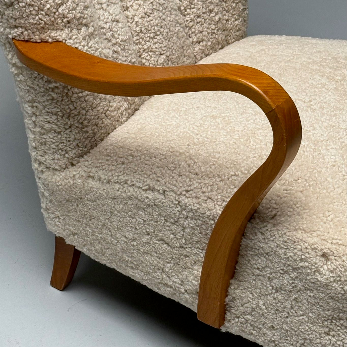 Swedish Mid-Century Modern, Lounge Chairs, Beige Sheepskin, Oak, Sweden, 1940s