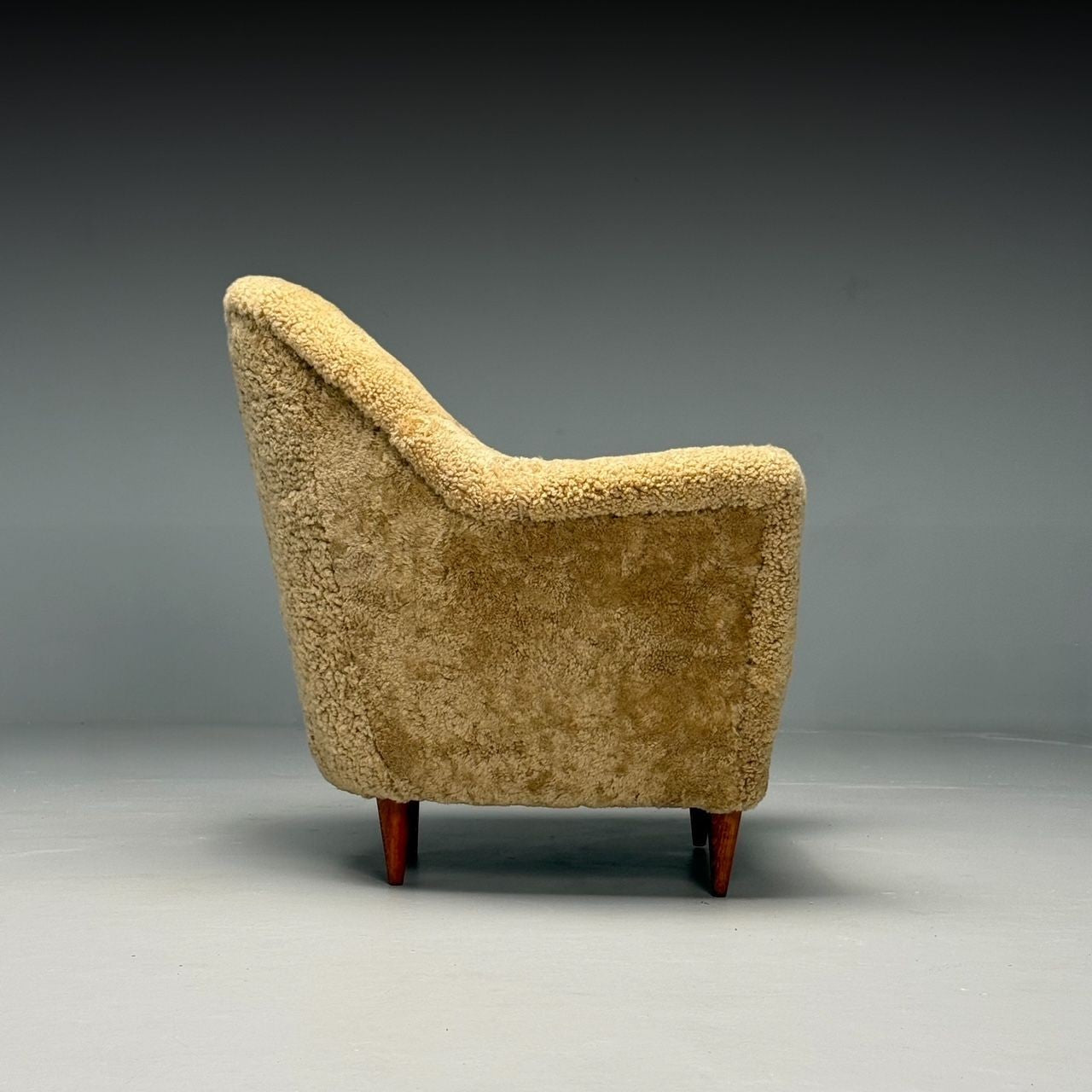 Italian Mid-Century Modern, Lounge Chairs, Honey Shearling, Stained Wood, 1950s