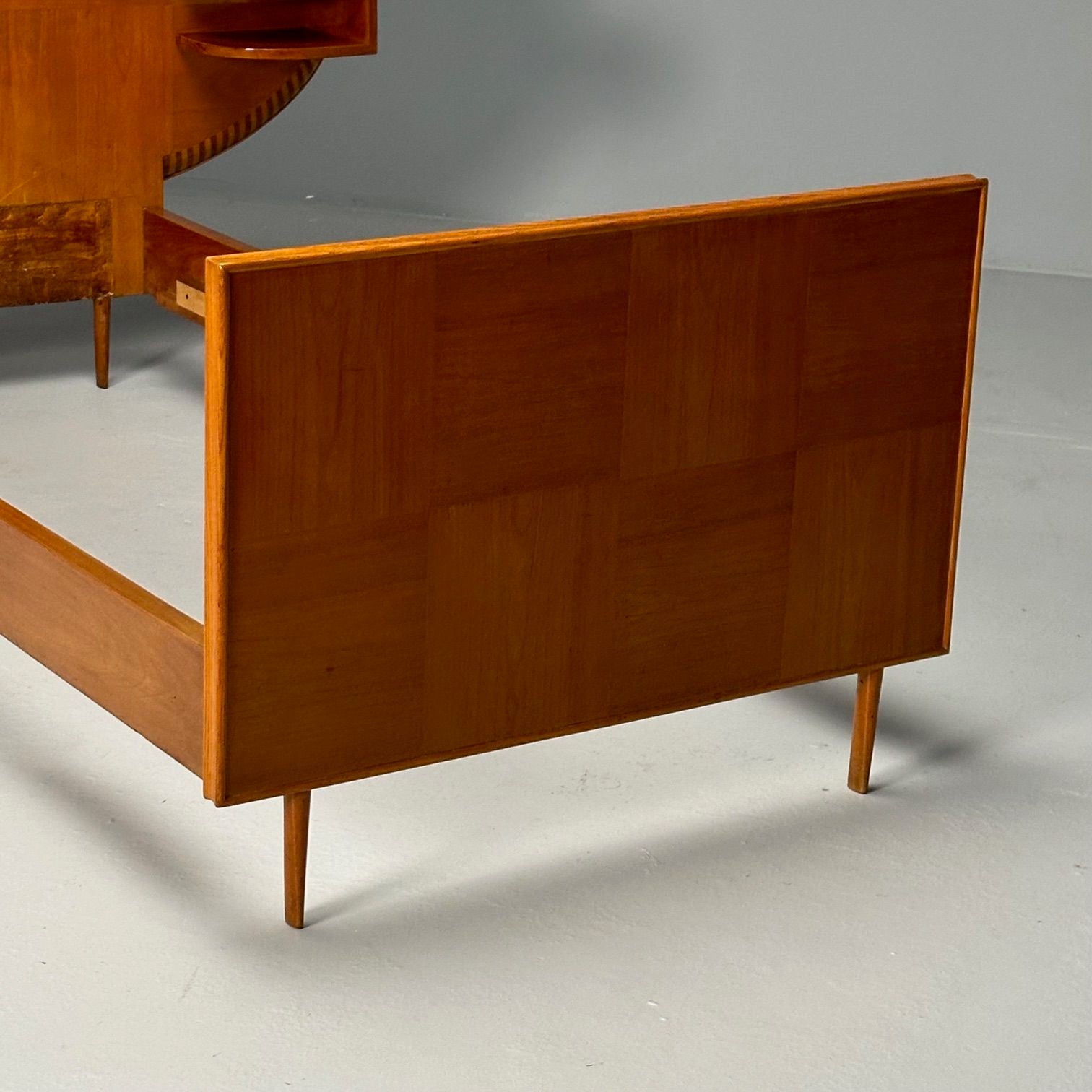 Italian Mid-Century Modern, Twin Bed with Shelf, Marquetry, Italy, 1950s