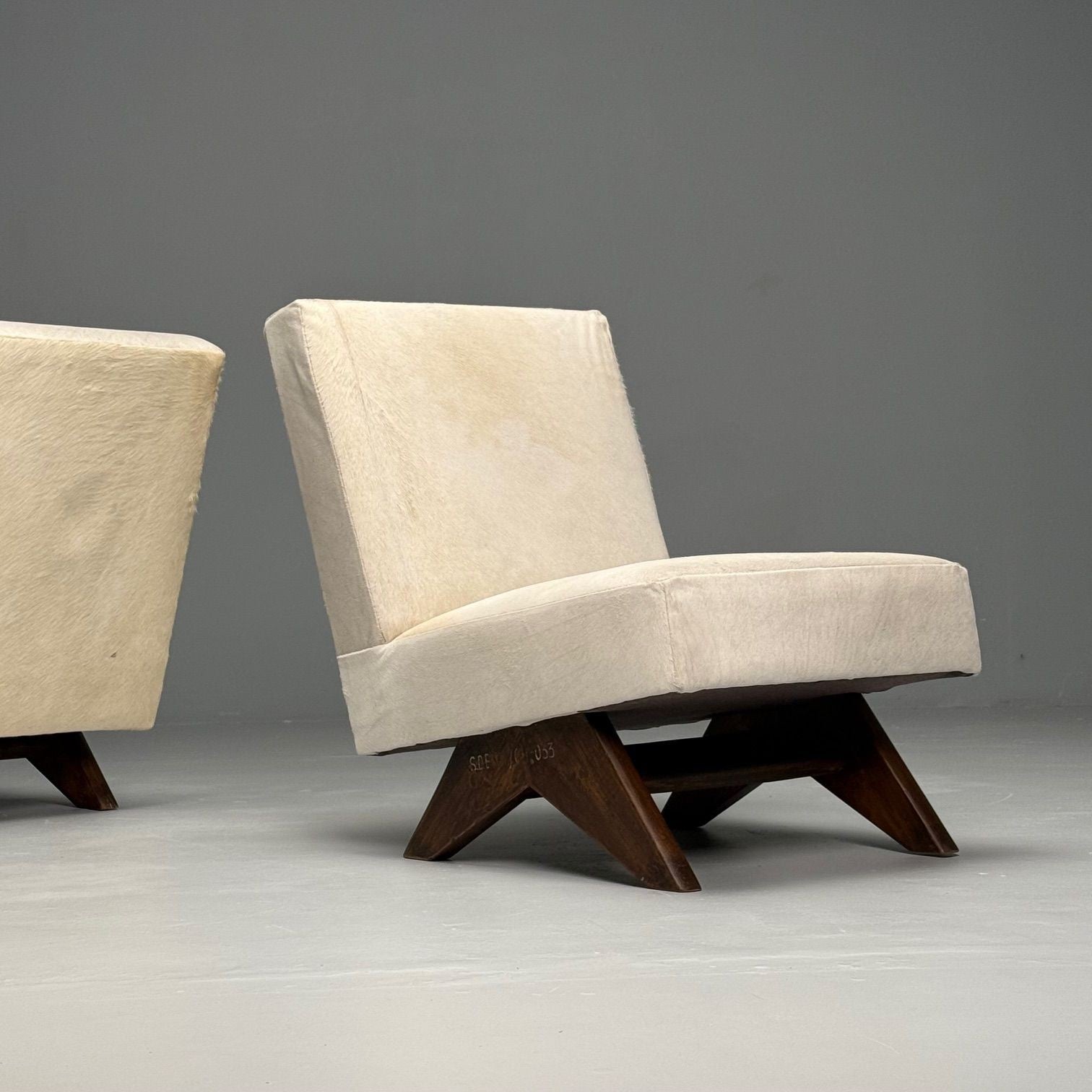 Pierre Jeanneret, French Mid-Century Modern, Slipper Chairs, White Cowhide, Teak