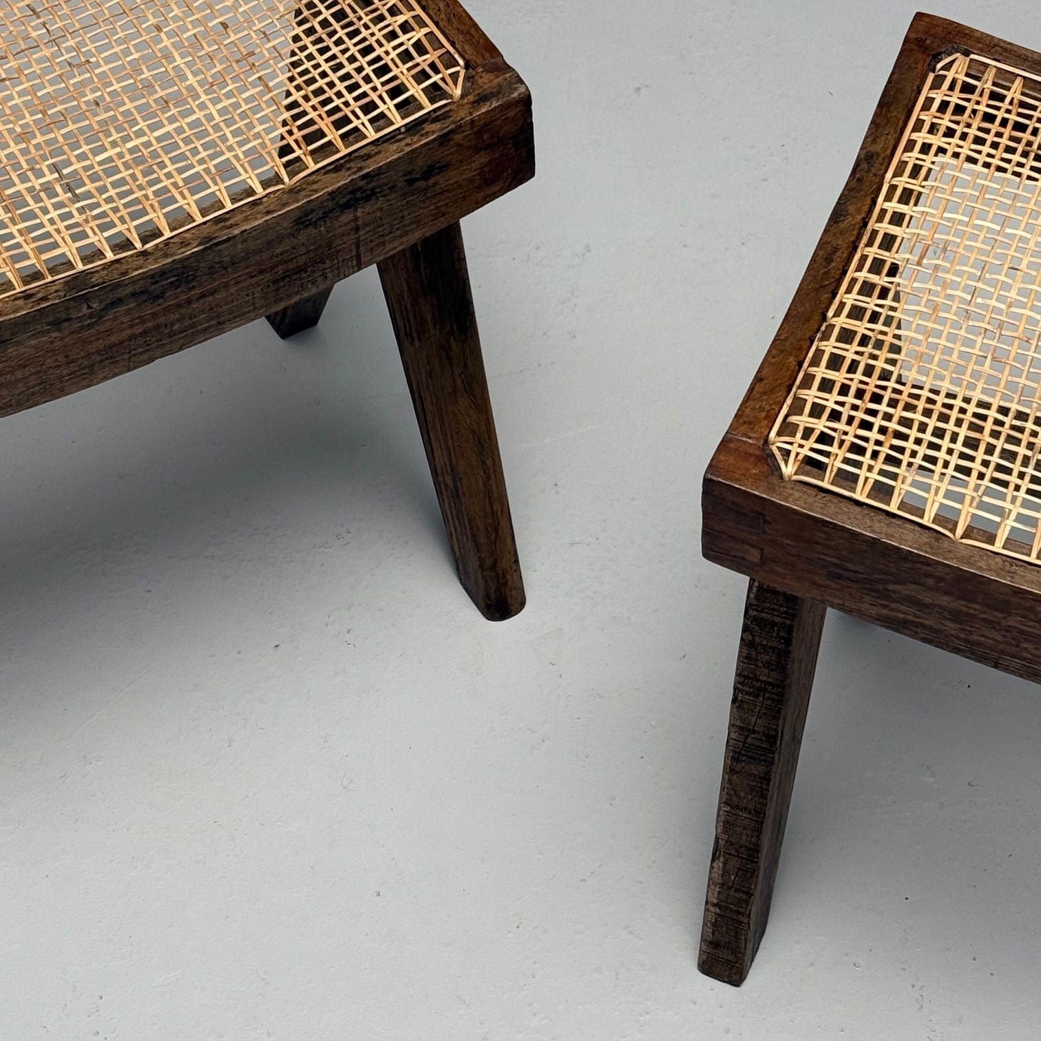 Pierre Jeanneret, French Mid-Century Modern, Footstools, Teak, Cane, Chandigarh