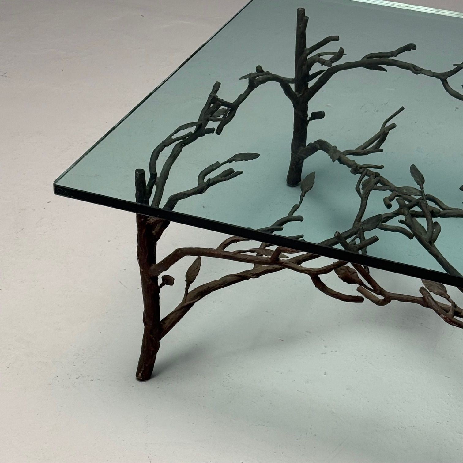 Giacometti Style, Mid-Century Modern, Square Coffee Table, Nature Motif, Metal