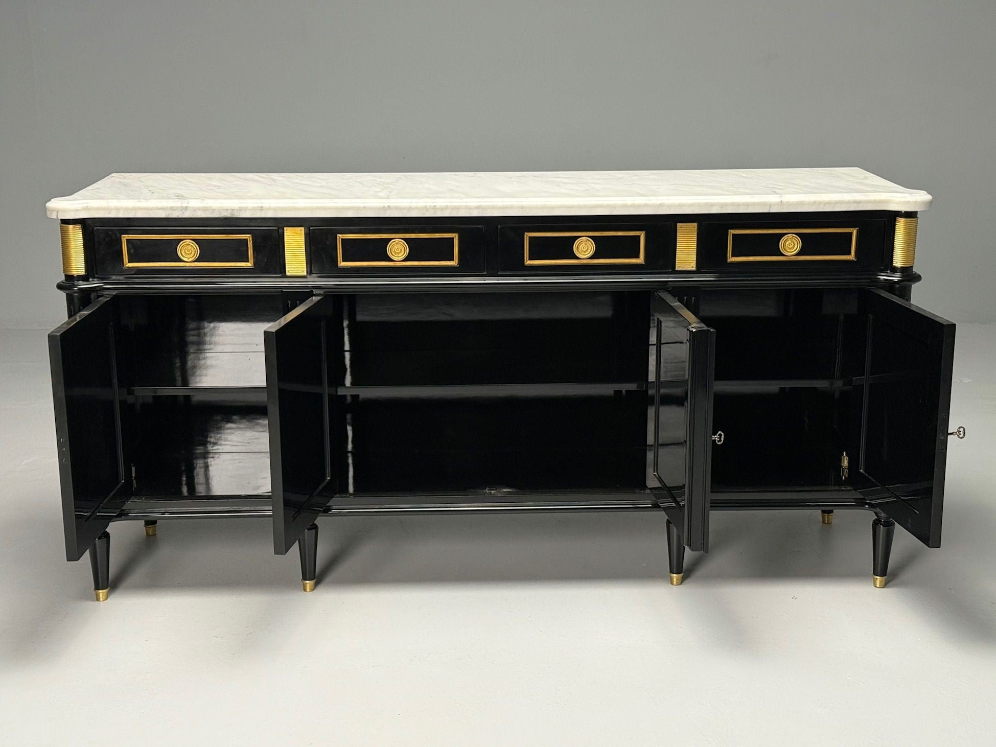 Louis XVI Style, Hollywood Regency, Sideboard, Black Lacquer, Marble, Bronze