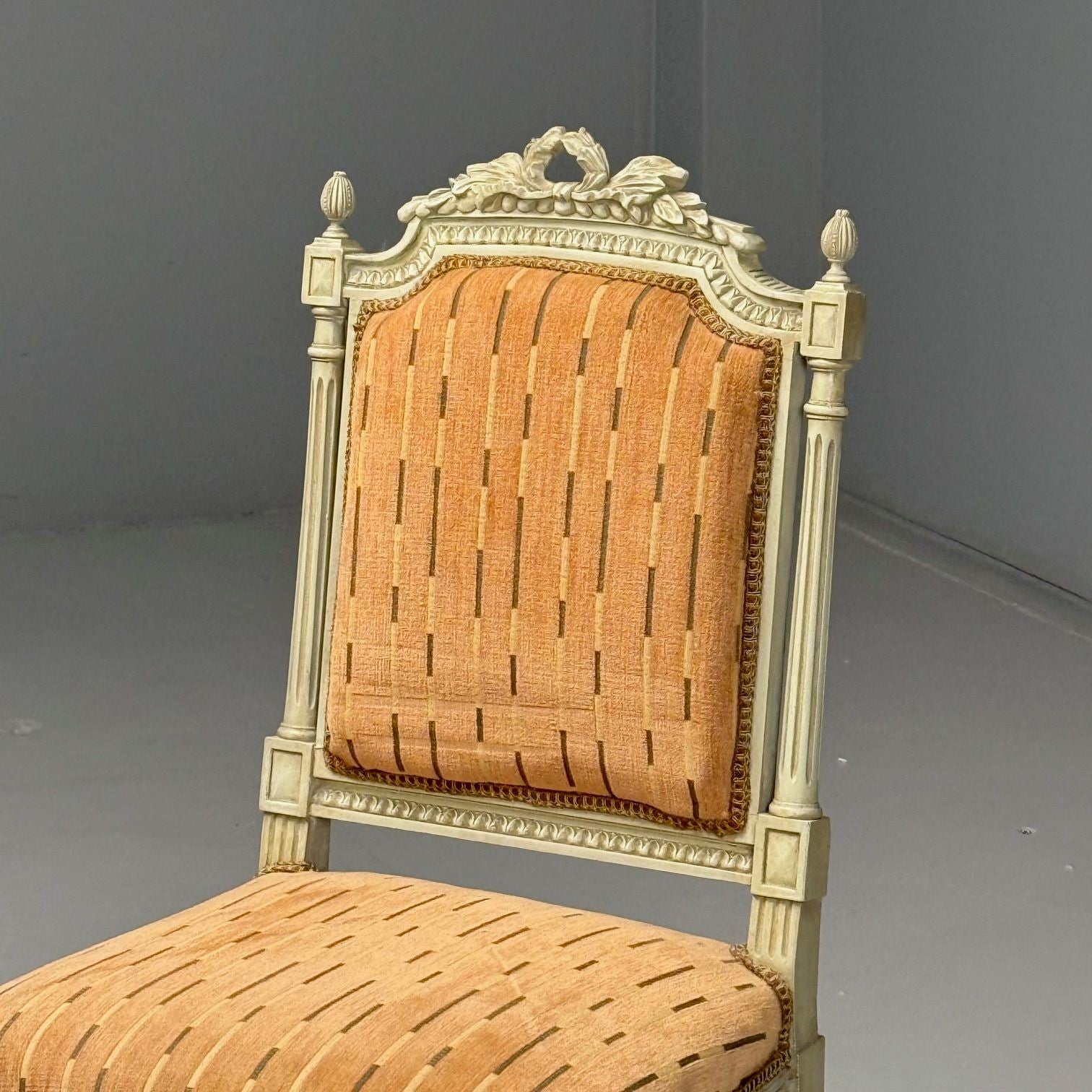 Swedish Louis XVI Style, Ten Dining Chairs, Grey Carved Wood, Fabric, 20th C.