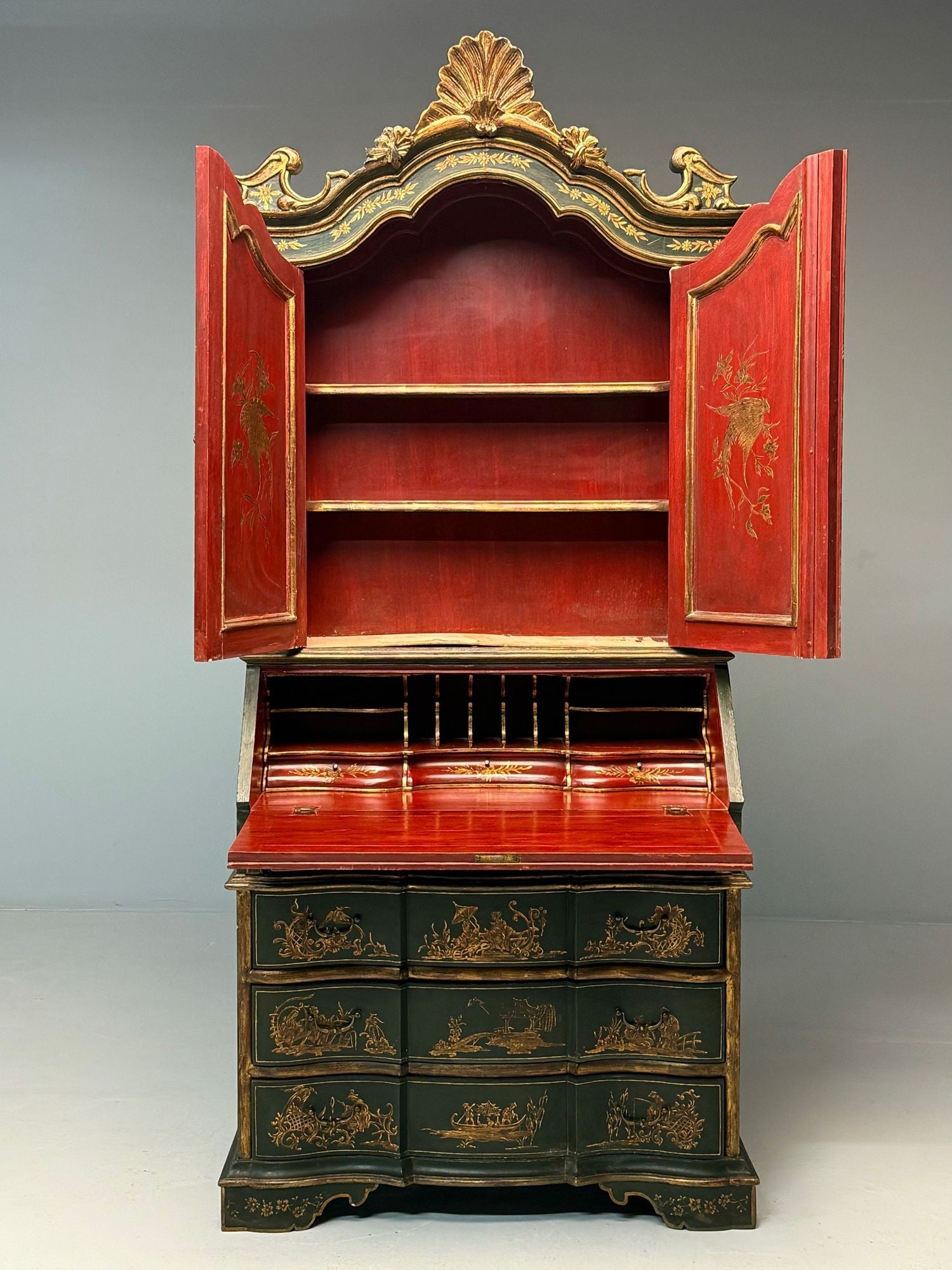 George I Style, Chinoiserie, Green-Japanned Desk, Bookcase, Parcel-Gilt, 1920s